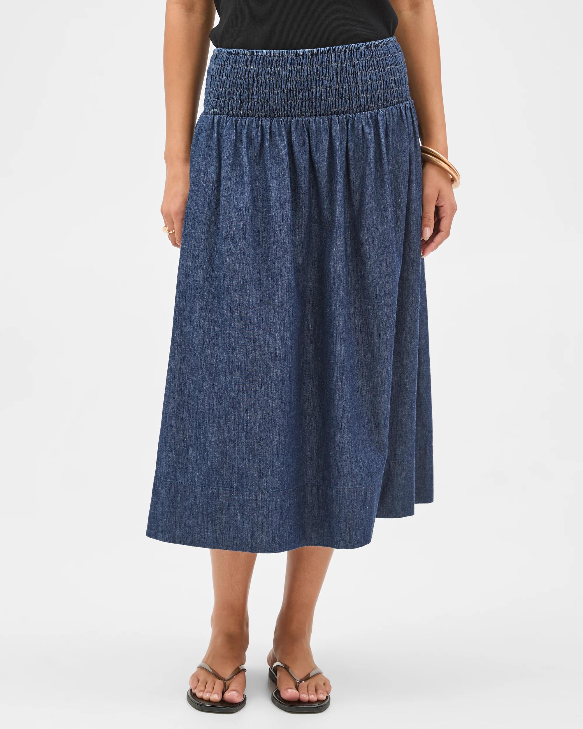 1 Target Woman Cotton Shirred Midi Chambray Skirt DARK CHAMBRAY, 1 of 6