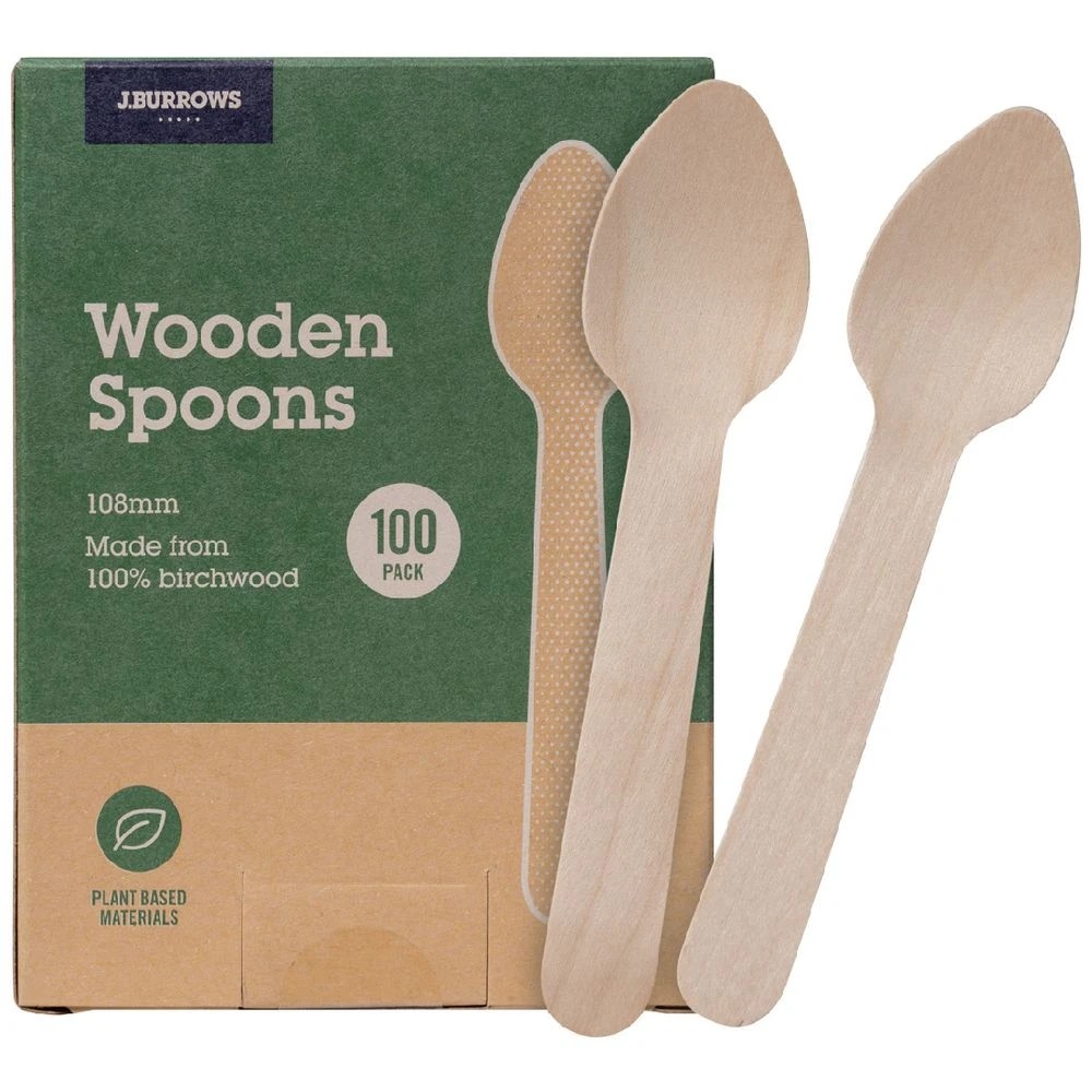 1 J.Burrows Wooden Spoons 108mm 100 Pack, 1 of 5