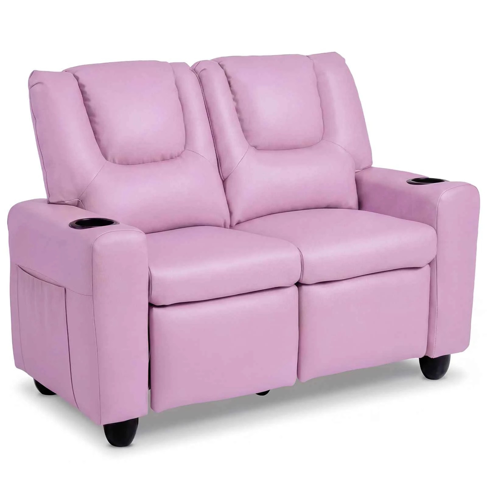 1 Costway 2-Seater Recliner Chair Double Sofa Adjustable Couch PU Leather - Pink, 1 of 3