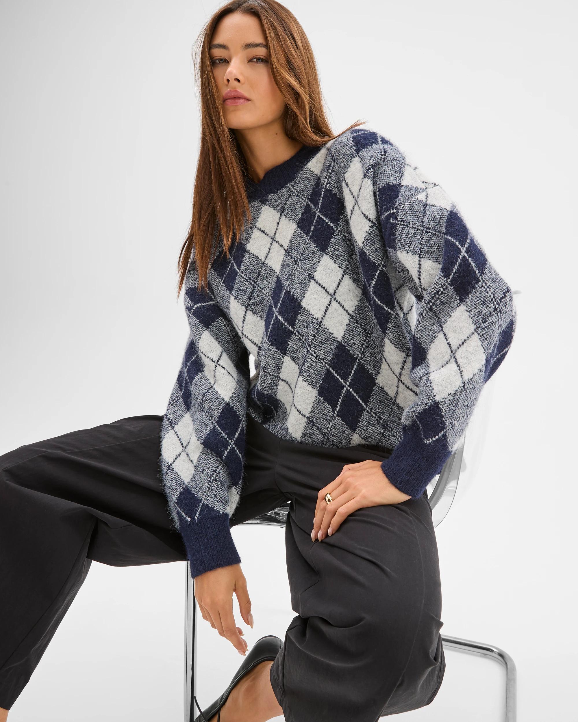 1 Lily Loves Argyle Crew Neck Jumper NAVY, 1 of 7