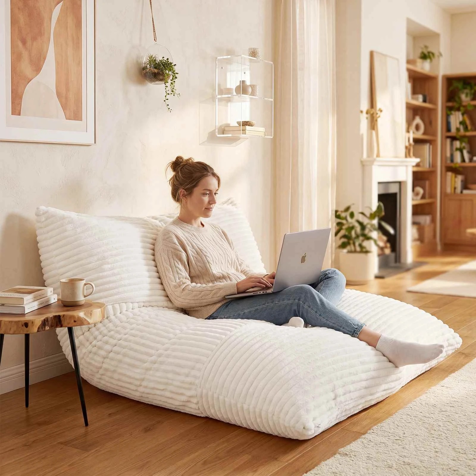 3 Costway Bean Bag Chair Convertible Floor Sofa Home Office Cushion w/Washable Cover - Beige, 3 of 4