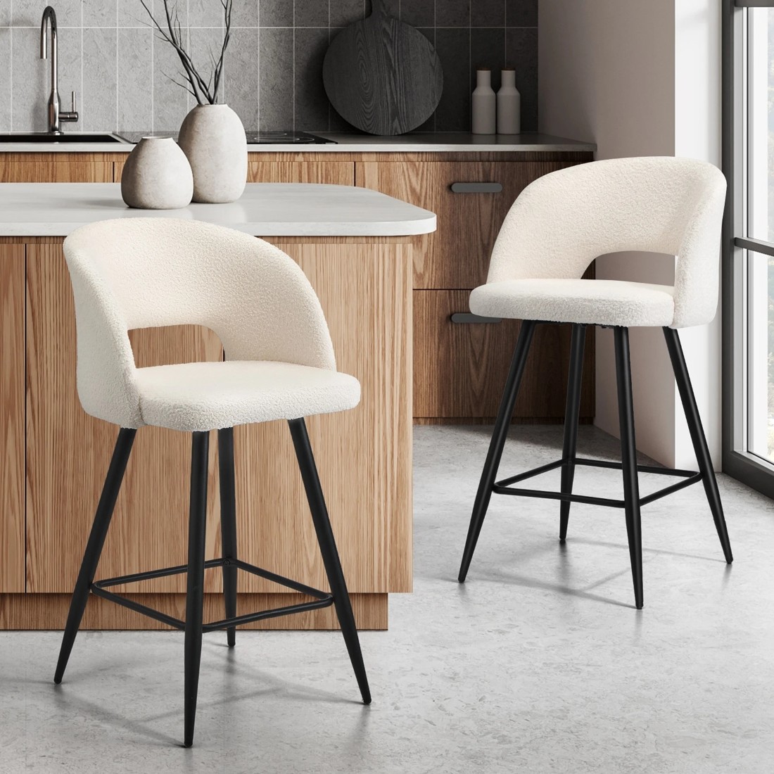 2 Oikiture 2x Bar Stools Kitchen Dining Chair Padded Chair Boucle Sura
 - White, 2 of 10