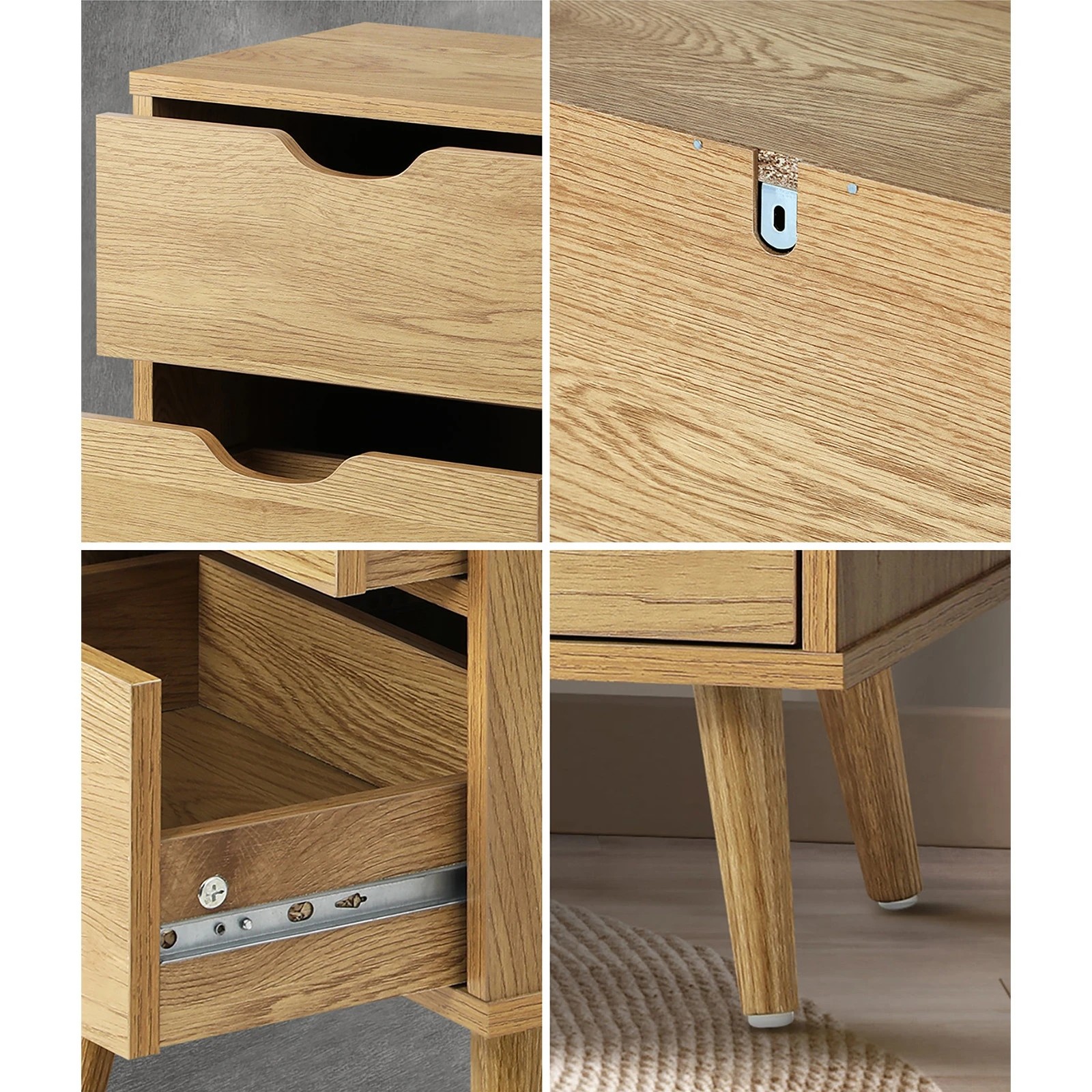 4 Oikiture Bedside Tables 2 Drawers Side Table Nightstand Storage - Natural, 4 of 8