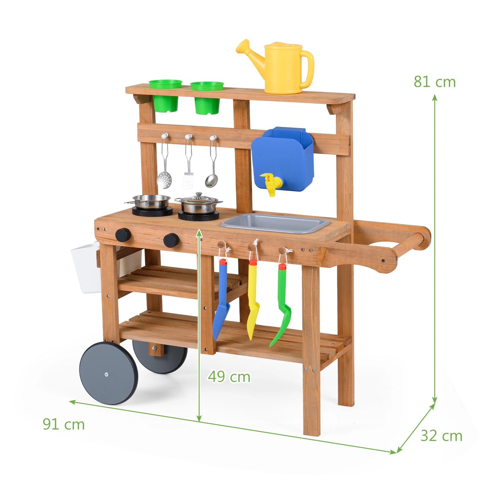 2 Costway Mud Kitchen Rolling Outdoor Play Kitchen Pretend Playset w/Flowerpots - Natural, 2 of 4