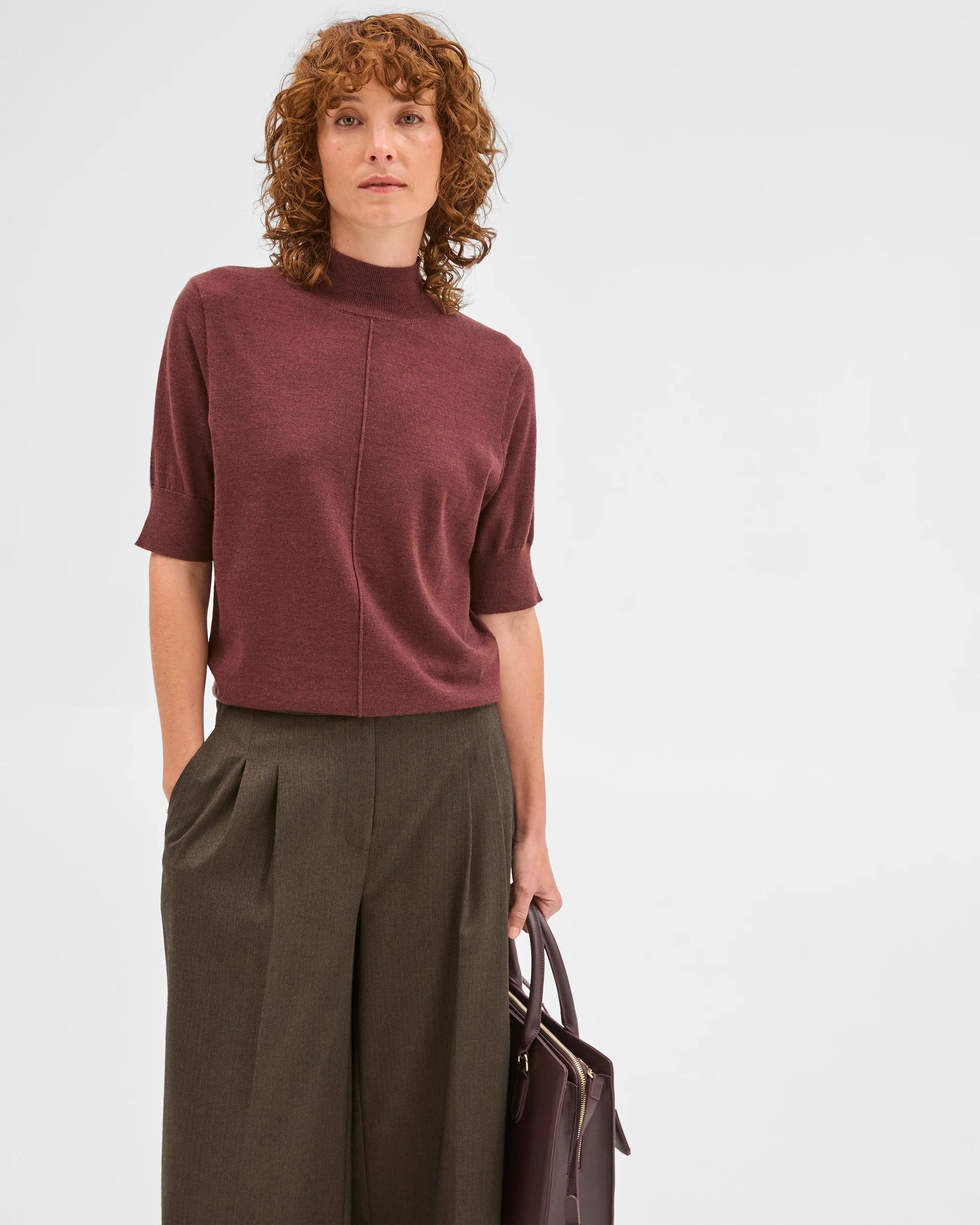 2 Preview Merino Wool Mock Neck Stitch Detail Top RUM RAISIN, 2 of 7