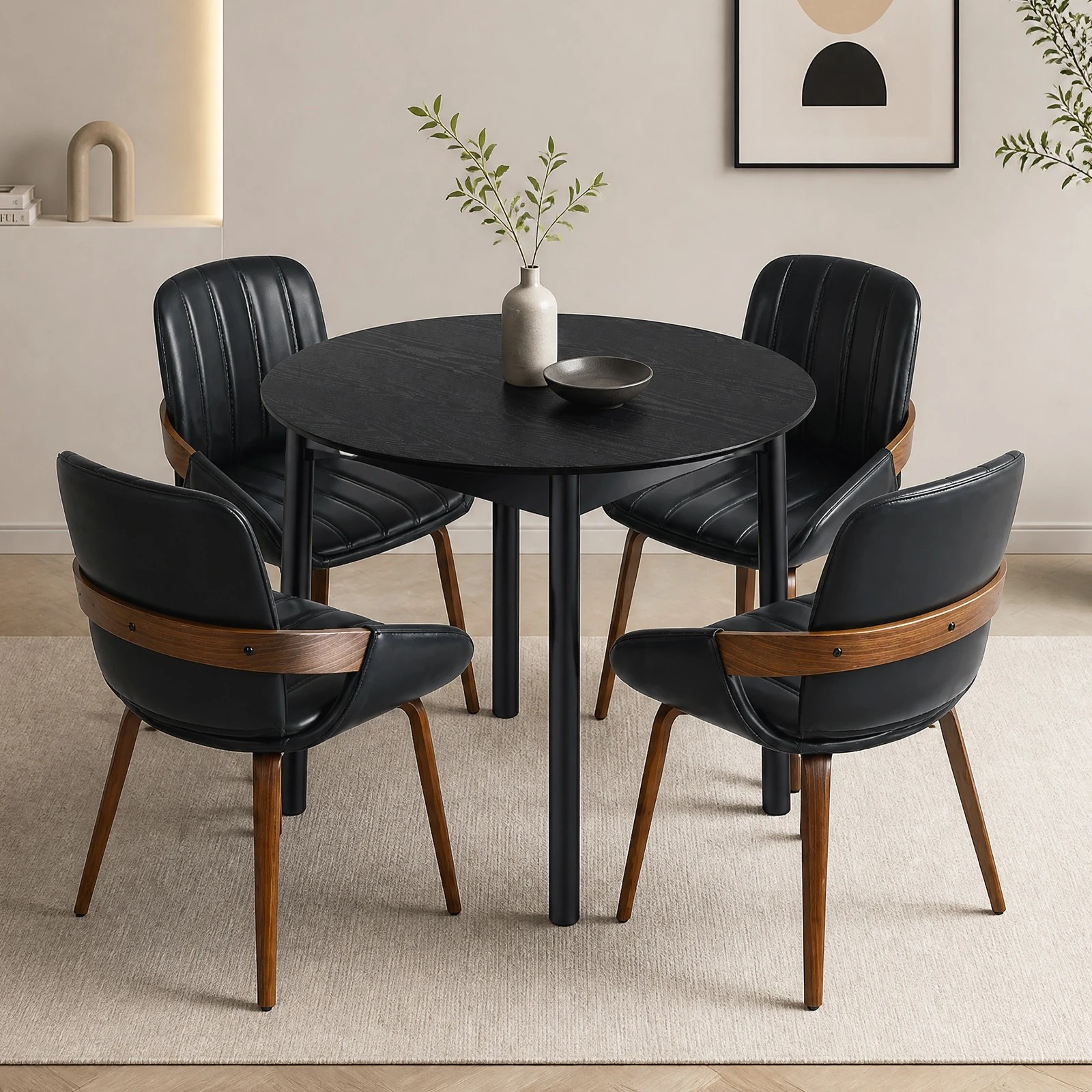 3 Oikiture 5PCS Dining Table Set 100cm Round Table 4 Faux Leather Dining Chairs - Black, 3 of 9