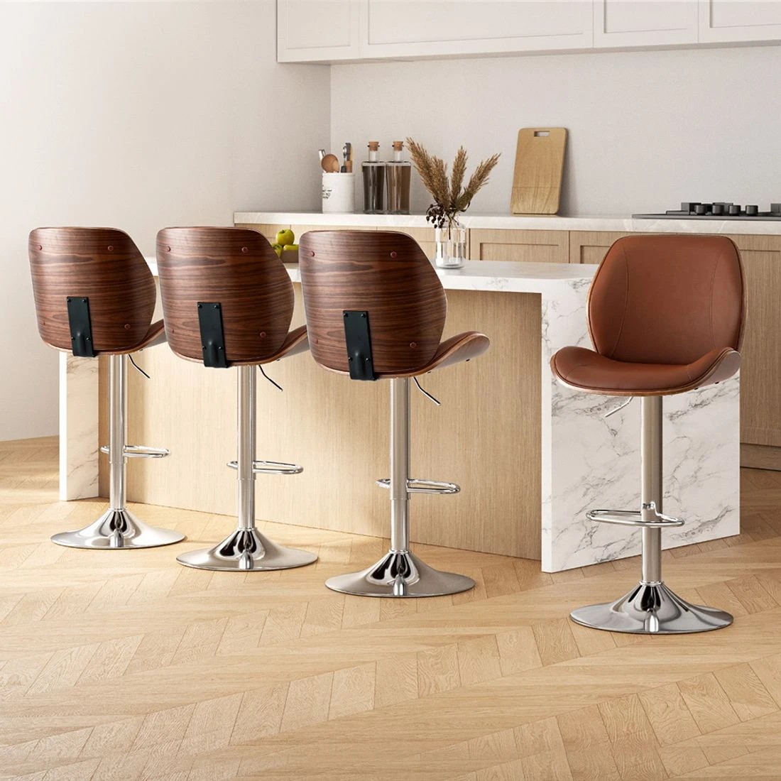 3 Artiss 4X Bar Stools Bentwood Adjustable Kitchen Counter Chair Leather - Brown, 3 of 5