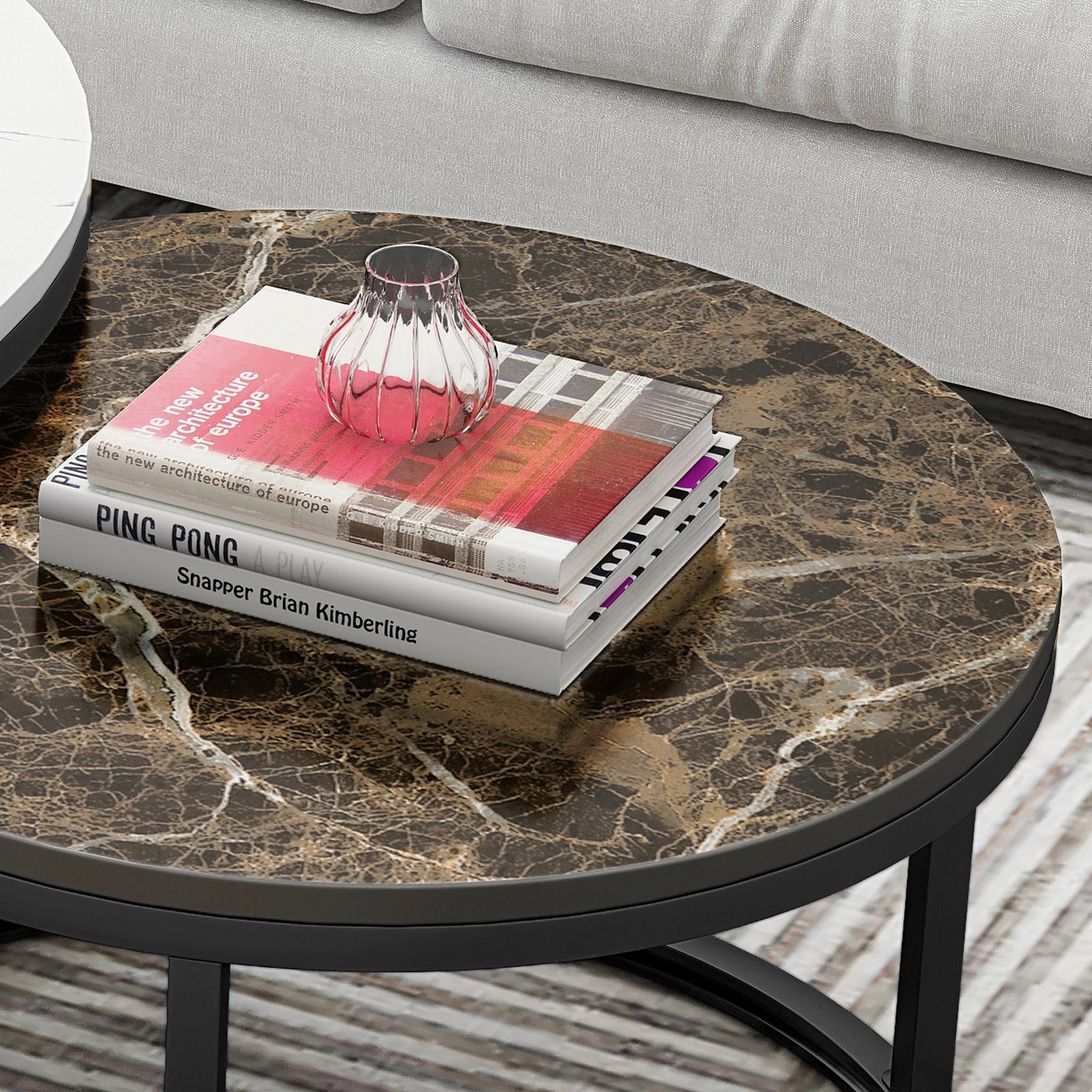 5 Foret Coffee Table Nesting Side 2pc Set 80cm Tea Marble Tempered Glass Brown White, 5 of 6