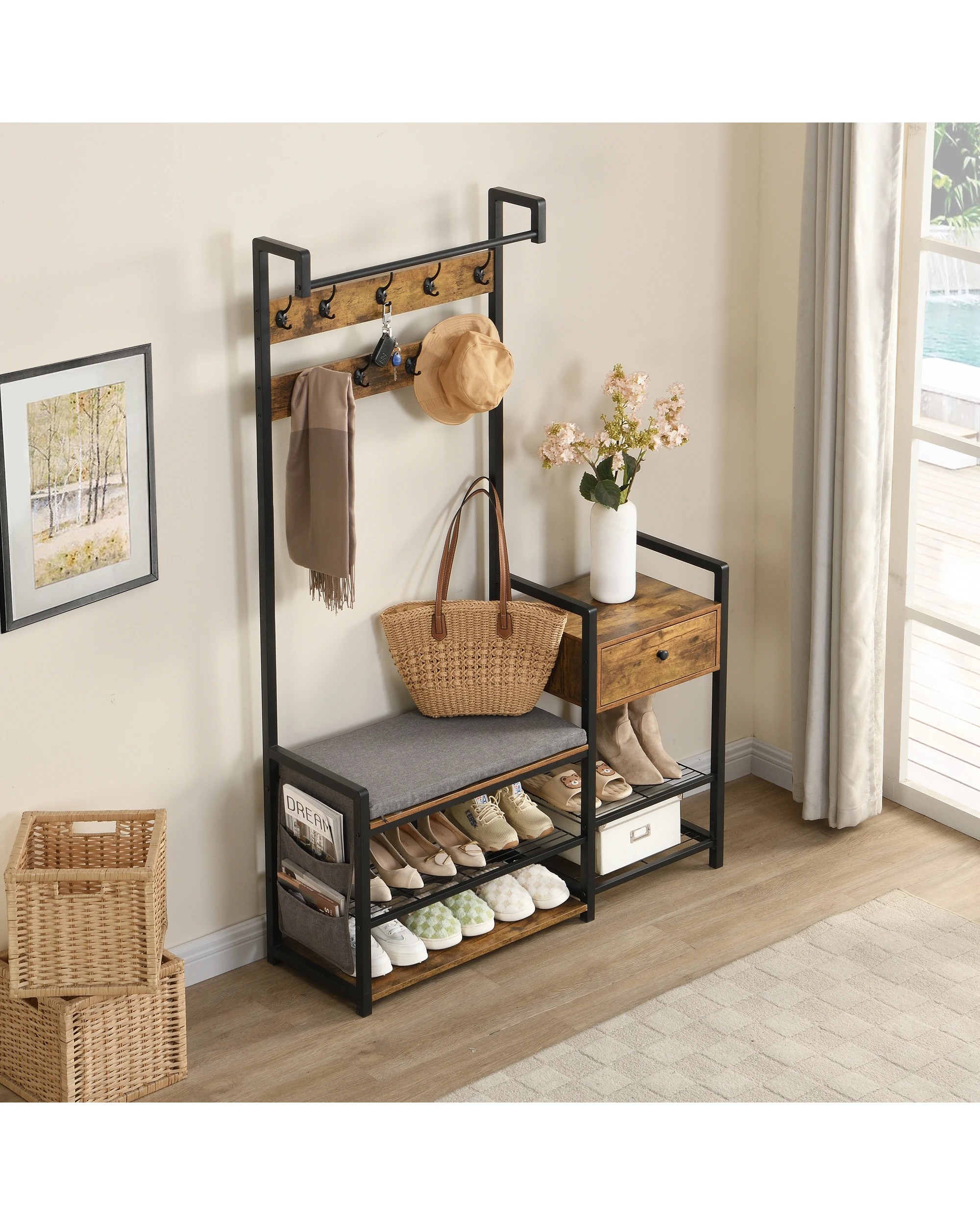 4 IHOMDEC 6-in-1 Coat Rack Shoe Bench - Brown, 4 of 5