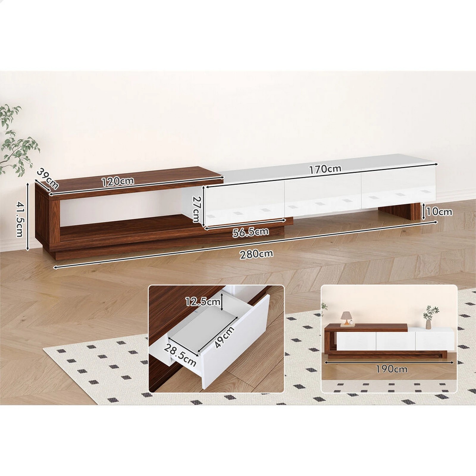 7 Alfordson 190-280cm Extendable Entertainment Unit TV Stand Cabinet Drawer - Walnut White, 7 of 9