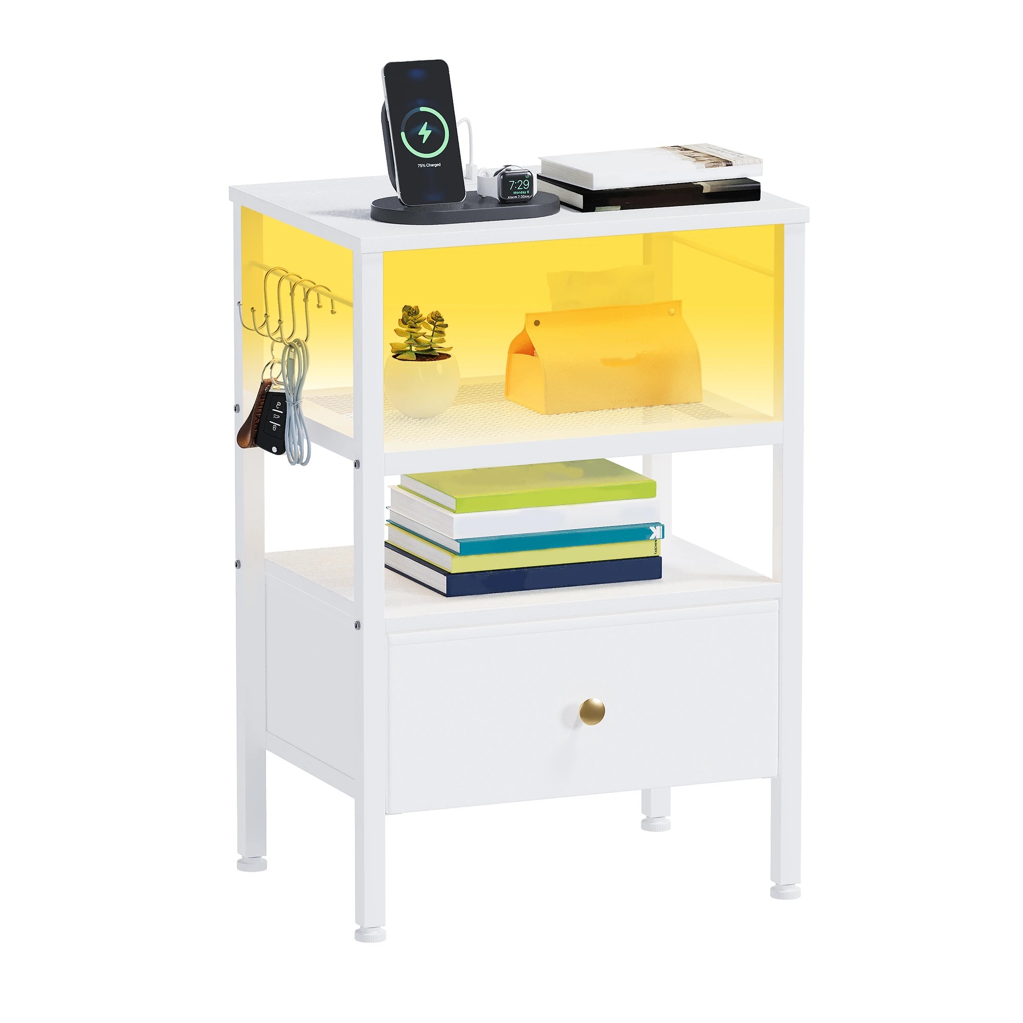 1 Advwin Bedside Table with Fabric Drawer Charging Station LED Lights - White, 1 of 5
