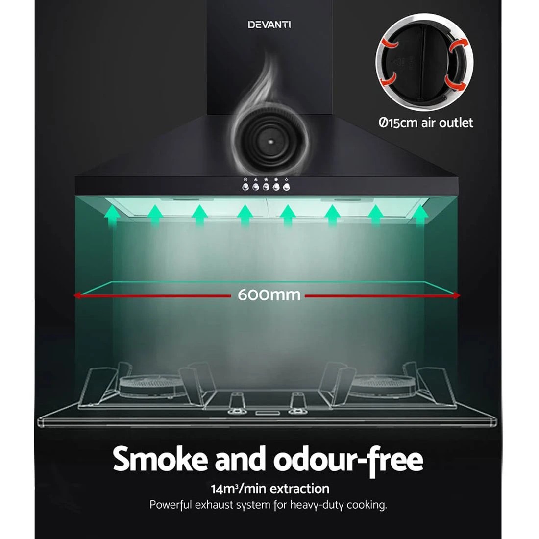 3 Devanti 600mm Range Hood 60cm Rangehood - Black, 3 of 7