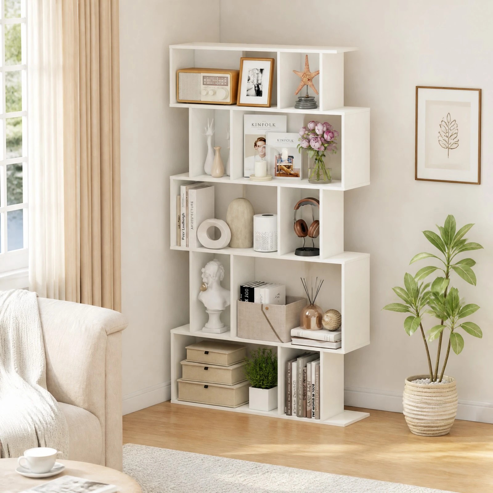 1 Costway Geometric Bookshelf 5-Tier Bookcase Open Shelves Rack Storage Organiser - White, 1 of 4