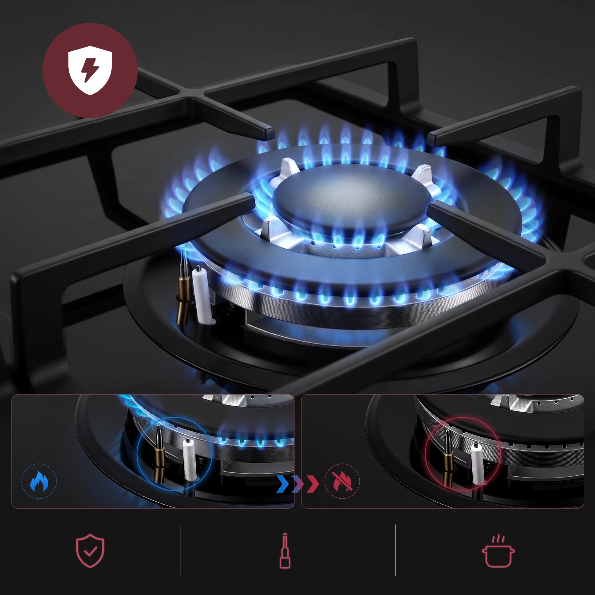 6 Devanti 59cm Gas Cooktop 3 Burner - Black, 6 of 10