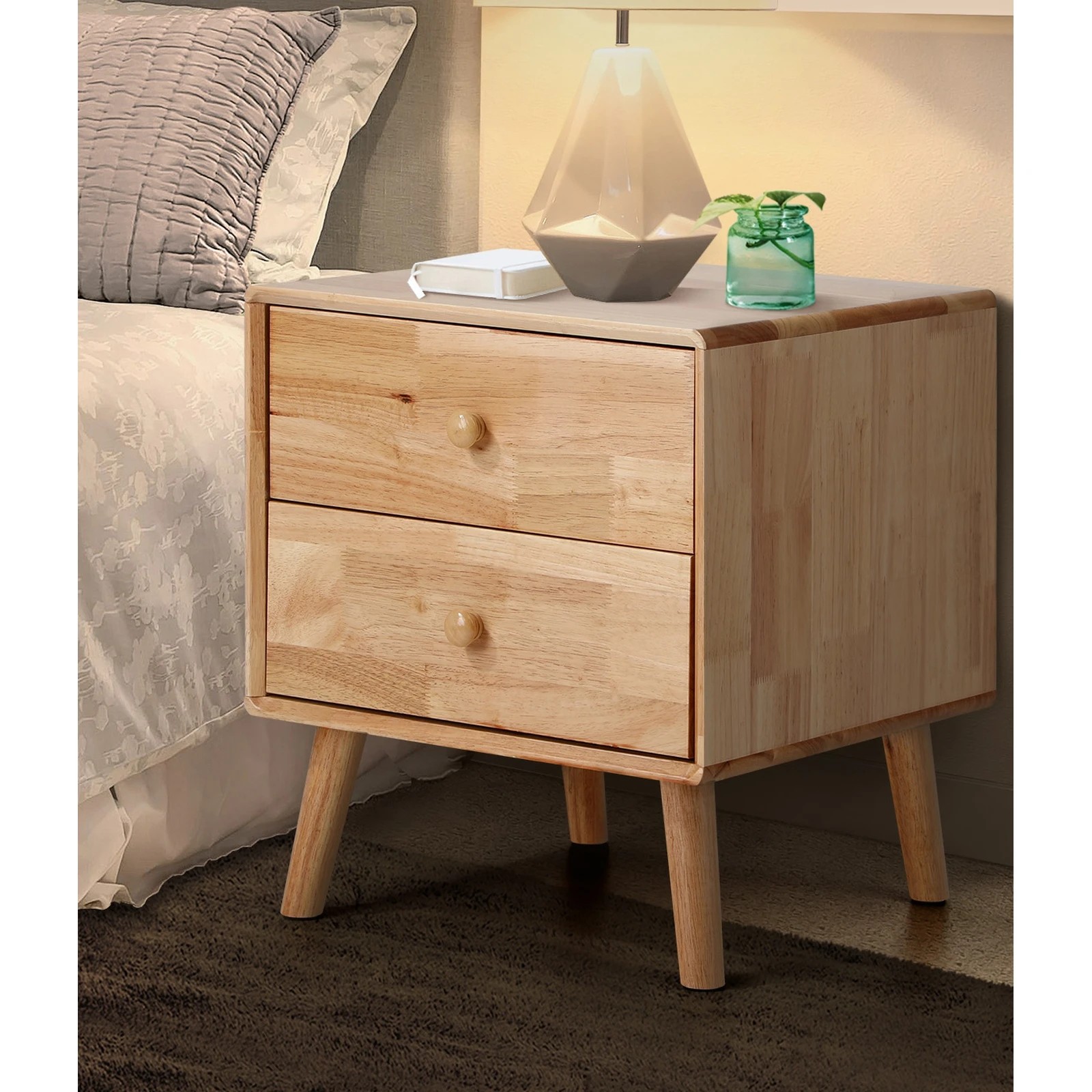 4 Oikiture Set of 2 Bedside Tables 2 Drawers Side Tables Nightstand Rubber - Natural, 4 of 9