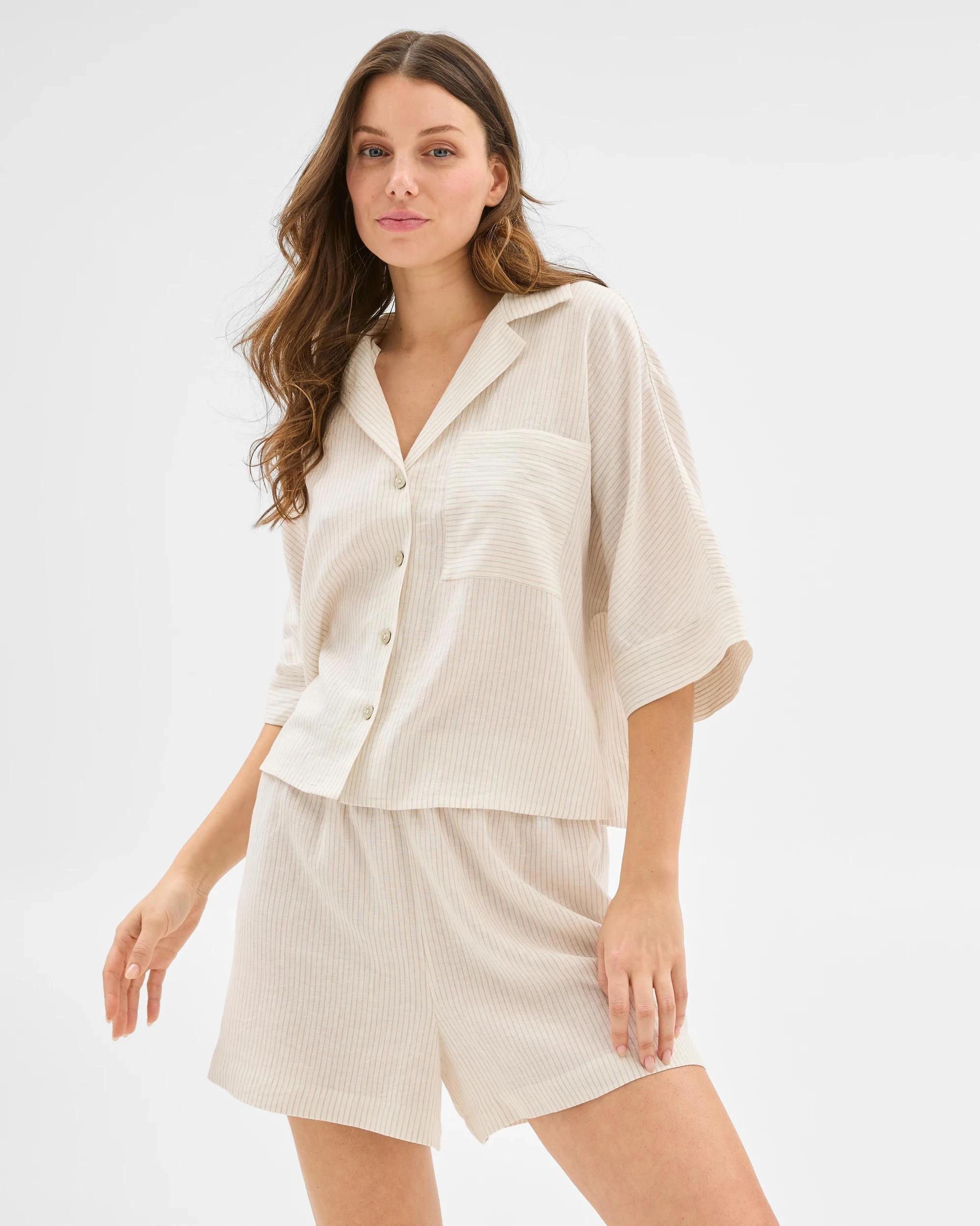 2 Target Woman Womens Linen Blend Shorts and Shirt Pyjama Set NEUTRAL STRIPE, 2 of 6