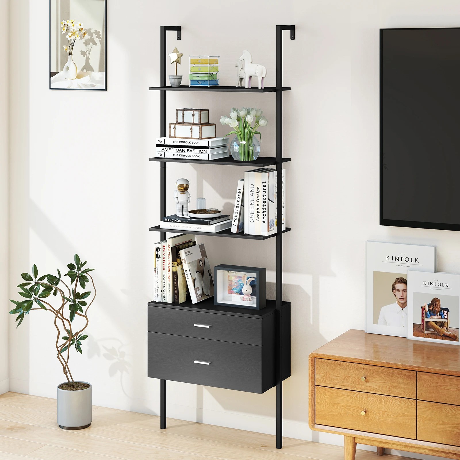 2 Costway 6-Tier Ladder Bookcase Wall-Mounted Bookshelf w/2 Drawers Modern Open Display Shelf - Black, 2 of 5