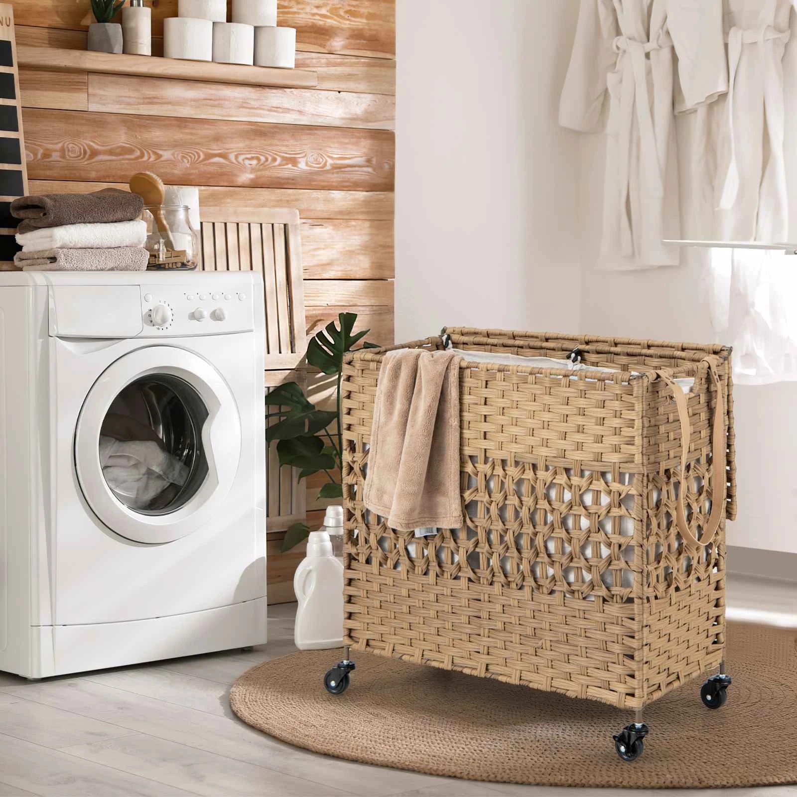 2 Costway 110L Rolling Laundry Hamper w/Lid Folding Rattan Clothes Basket - Natural, 2 of 3