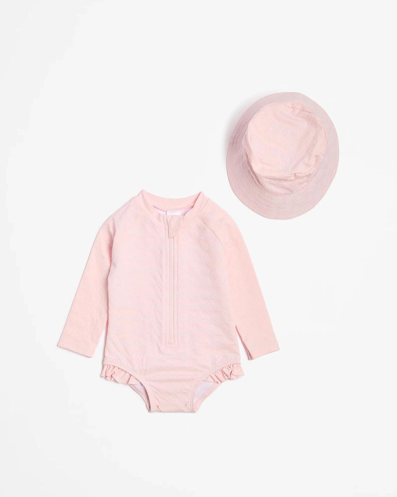 1 Target Baby Girls Rashsuit Swim Set with Hat 2 Piece PINK EMBROIDERED FLORAL, 1 of 3