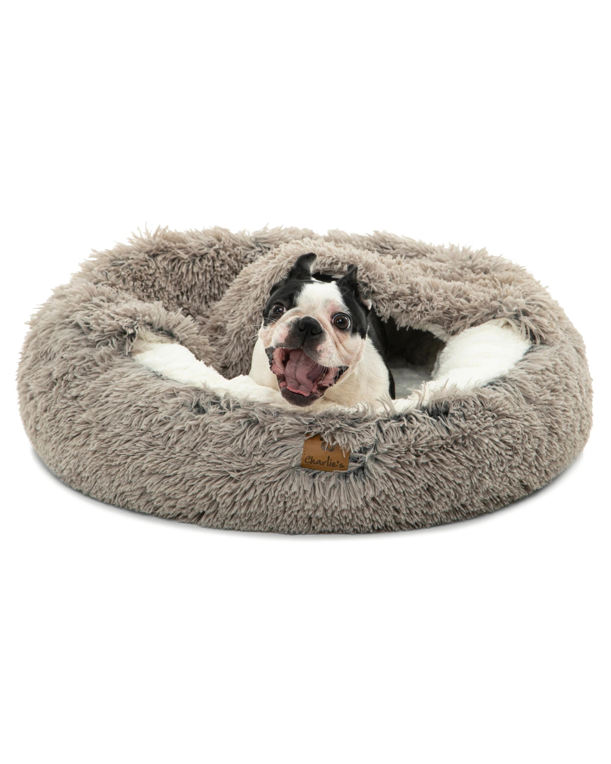 1 Charlie's Snookie Hooded Faux Fur Calming Dog Bed Small - Grey, 1 of 6