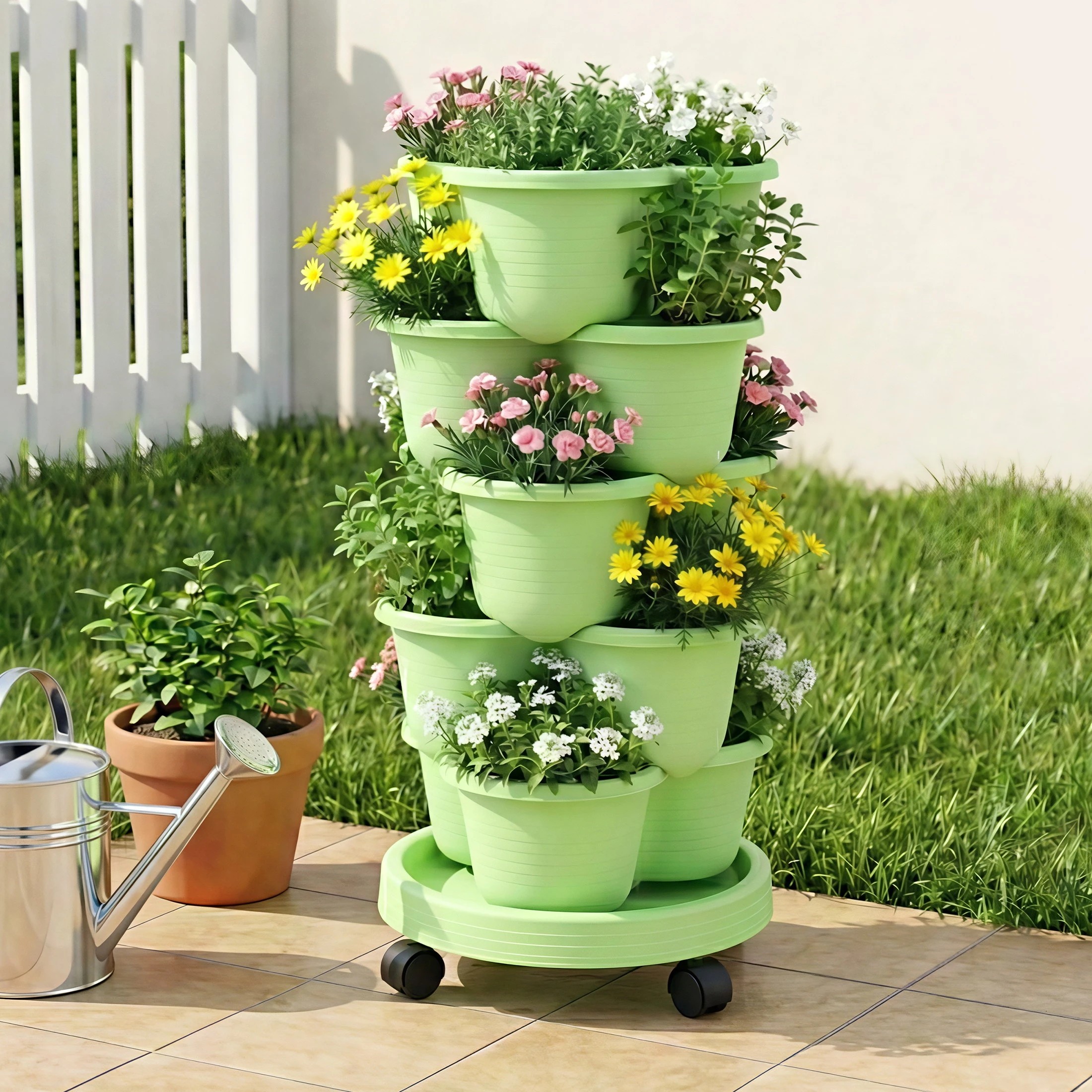 4 Green Fingers 5 Tier Vertical Garden Planter Movable Stackable Strawberry Pots with Wheels - Green, 4 of 4