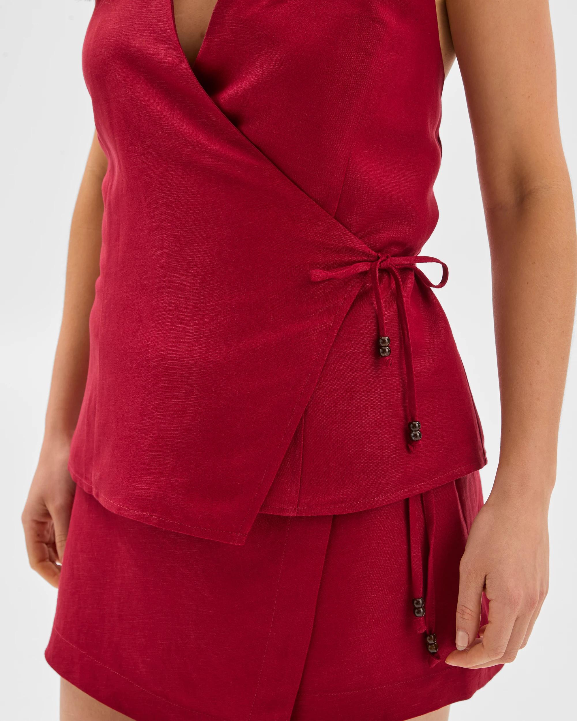 5 European Linen Blend Halter Wrap Front Top - Lily Loves RHUBARB, 5 of 6