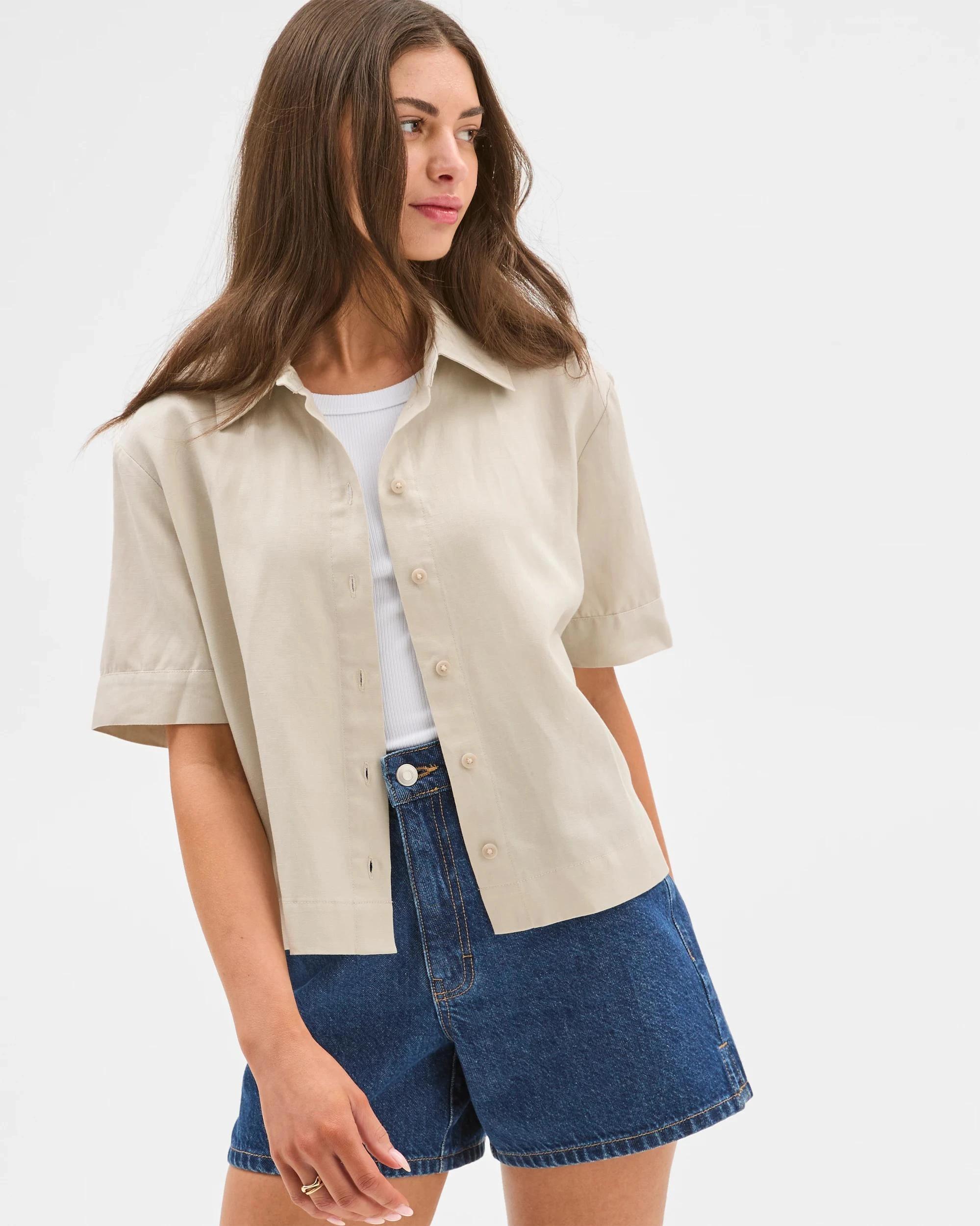 1 Target Petites Button Front Shirt FLAX, 1 of 6