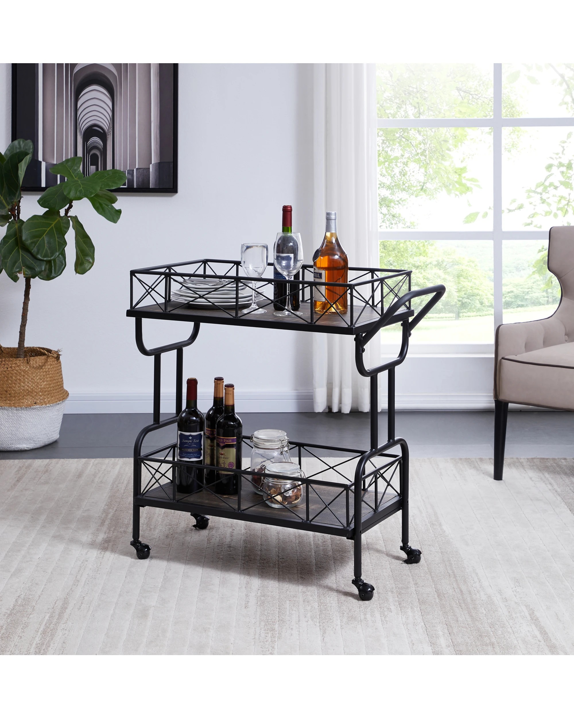 3 IHOMDEC Drink Trolley Wood and Metal Bar Carts - Black, 3 of 10