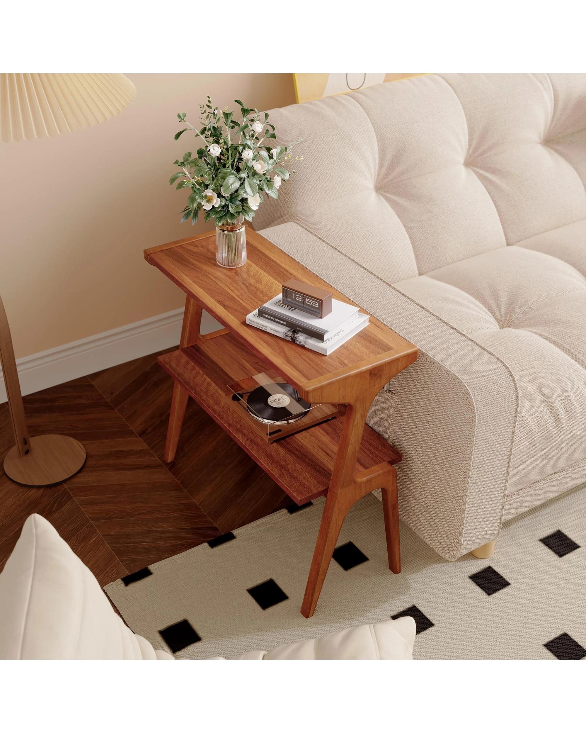 3 OAKORY 67cm Solid Wood Narrow Side Table with 2 Tier Storage Shelf in Rustic Brown, 3 of 5