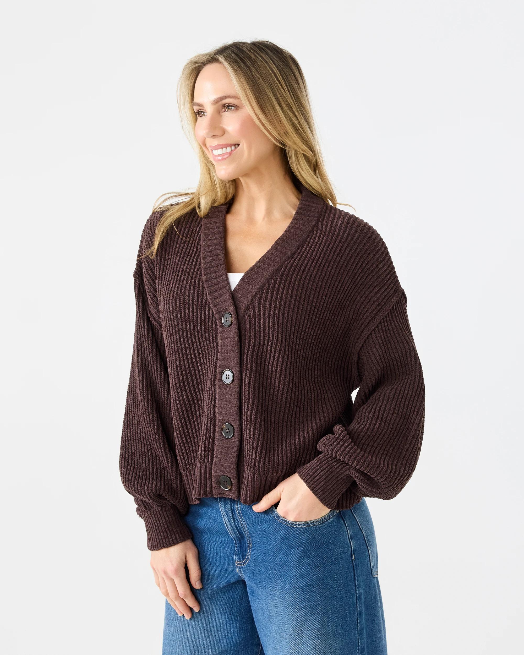 2 Chenille V Neck Cardigan Melt Brown, 2 of 7