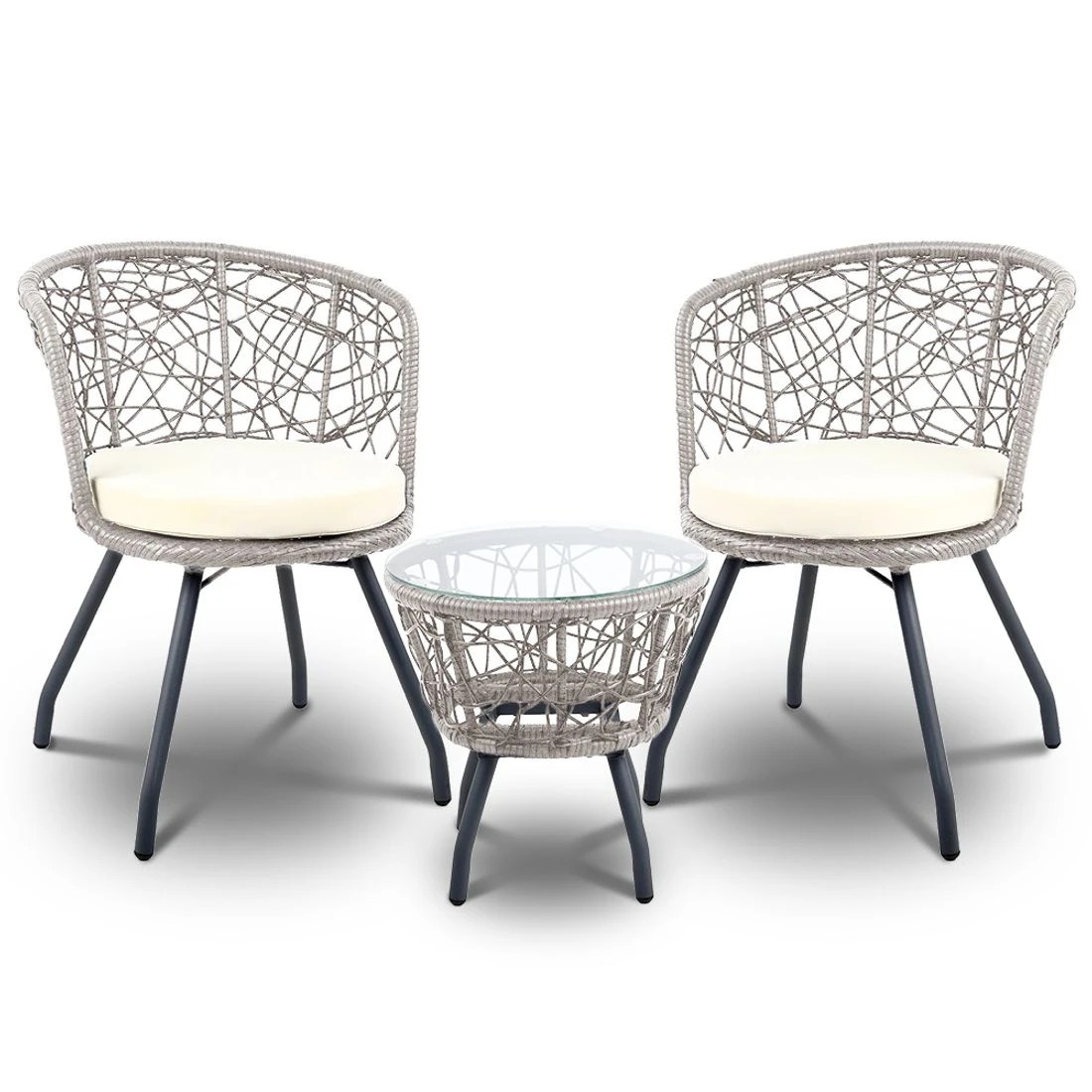 1 Gardeon 3PC Bistro Set Outdoor Furniture Rattan Table Chairs Patio Garden Cushion - Grey, 1 of 6