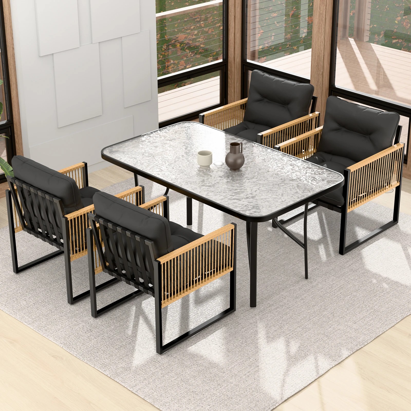 4 Alfordson Outdoor Furniture Setting Patio Dining Table Chair Set Wicker Glass - Black Grey, 4 of 10