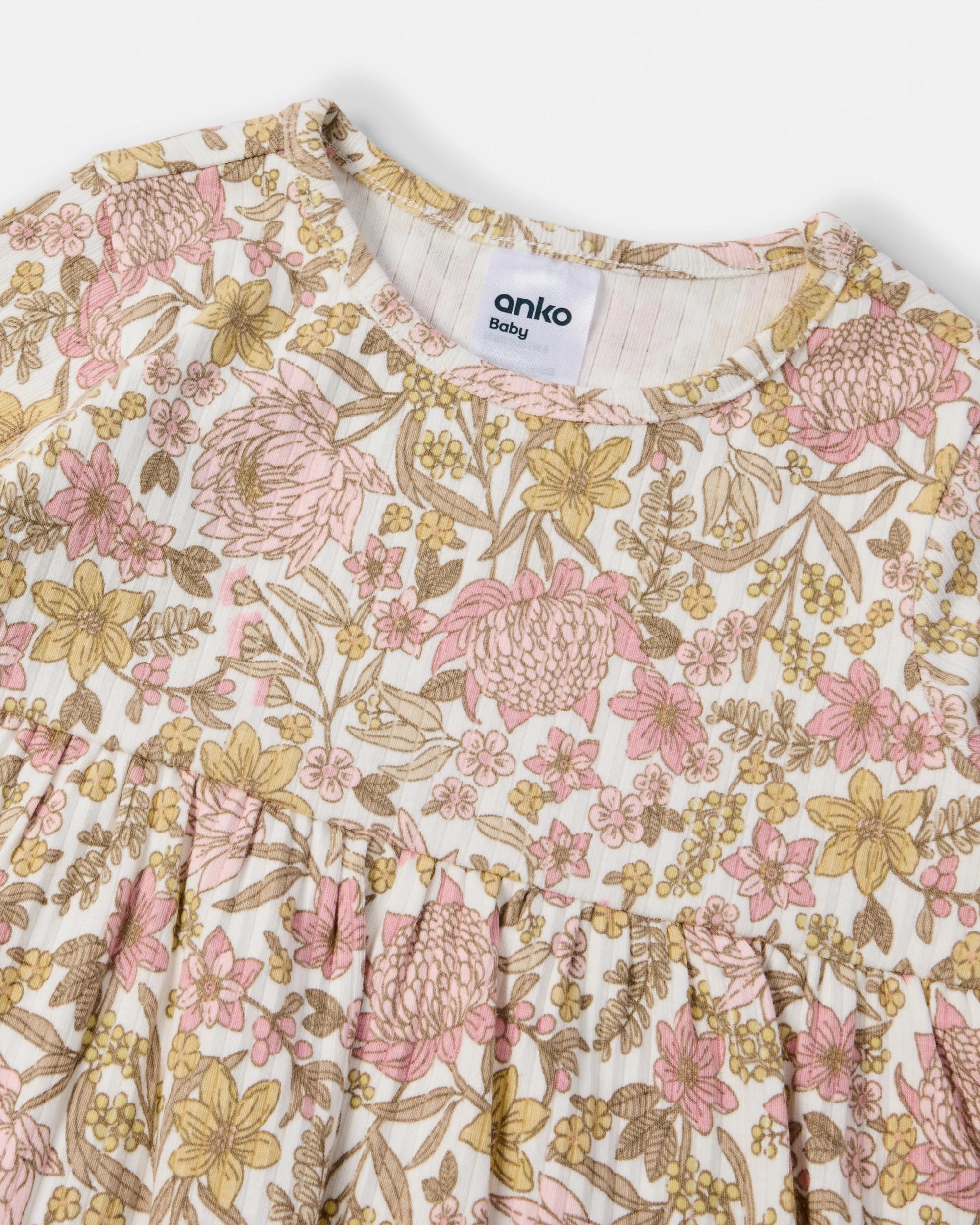 3 Cotton Long Sleeve Crinkle Bodysuit Dress Pnk Flrl, 3 of 3