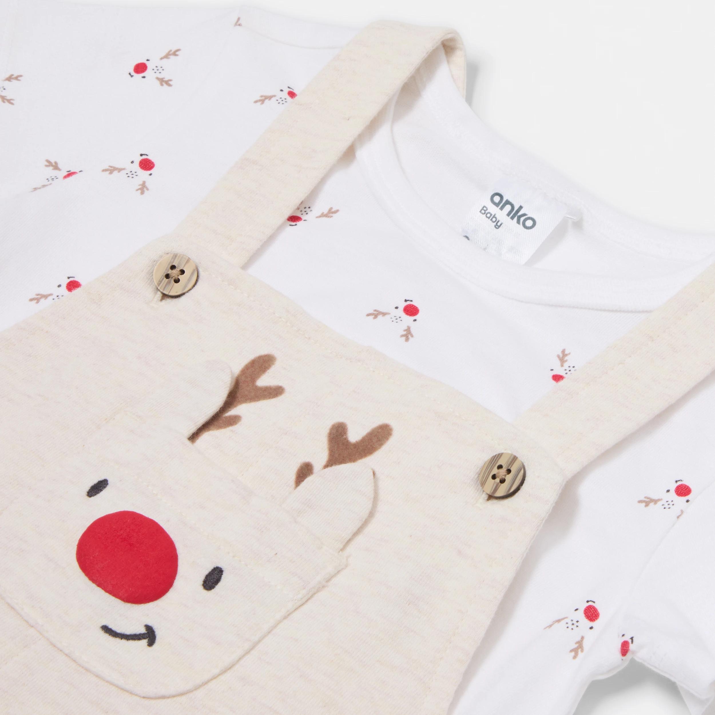 5 Christmas Novelty Dungaree Set BEIGE REINDEER, 5 of 6