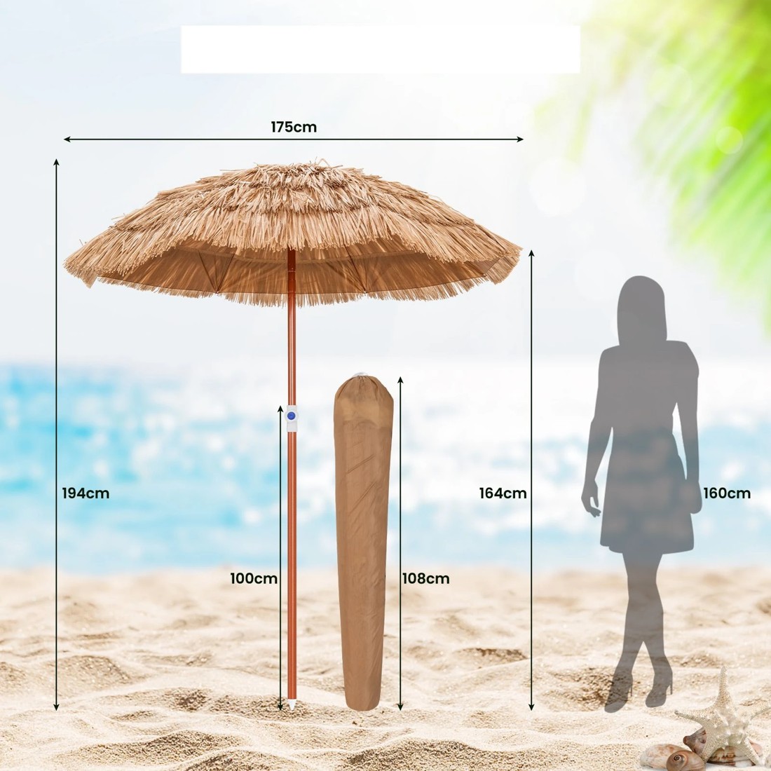 3 Costway 1.75M Hawaiian Beach Umbrella Tilting Sun Shade, 3 of 5
