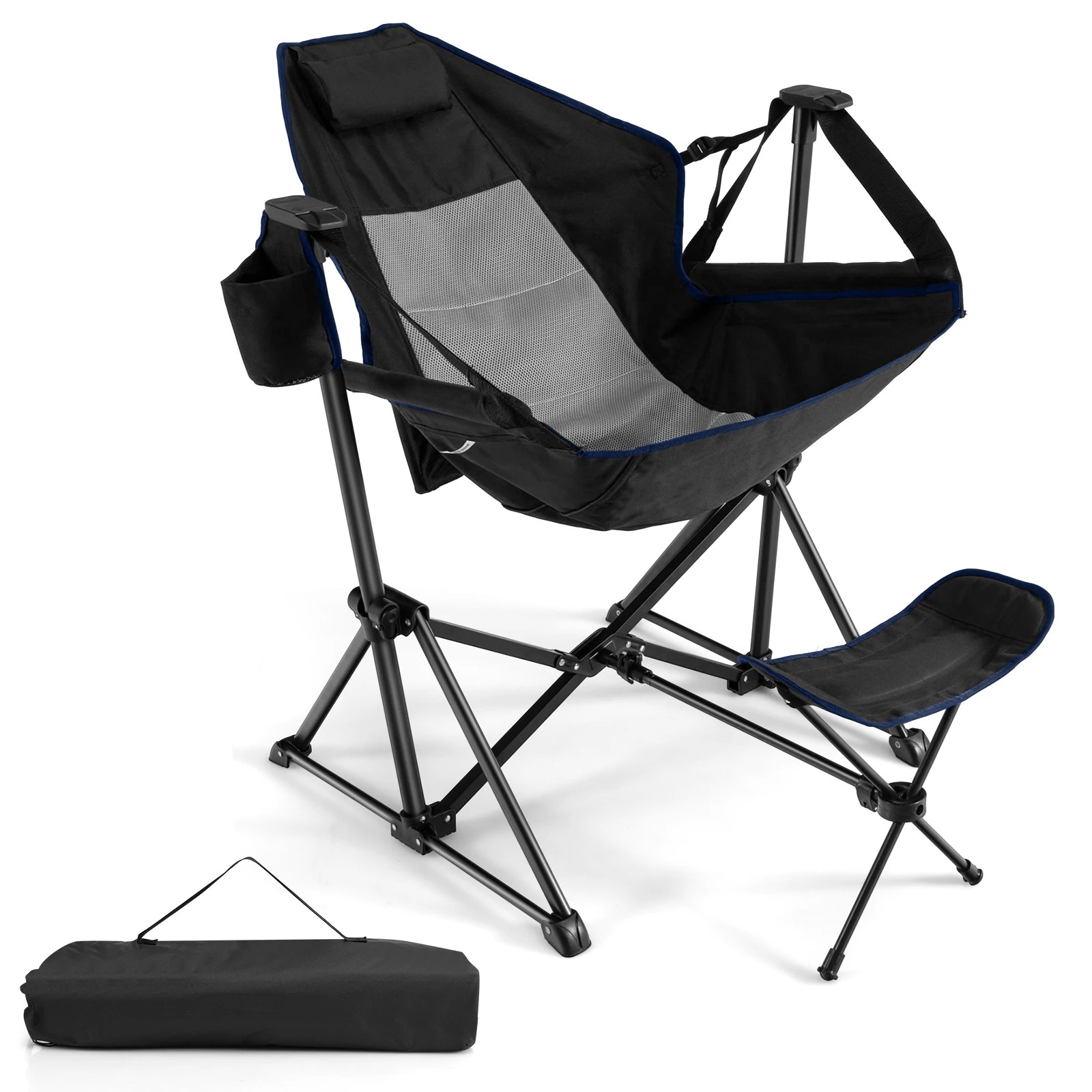 1 Costway Hammock Camping Chair Portable Folding Reclining Chair w/Footrest & Cup Holder - Black, 1 of 1