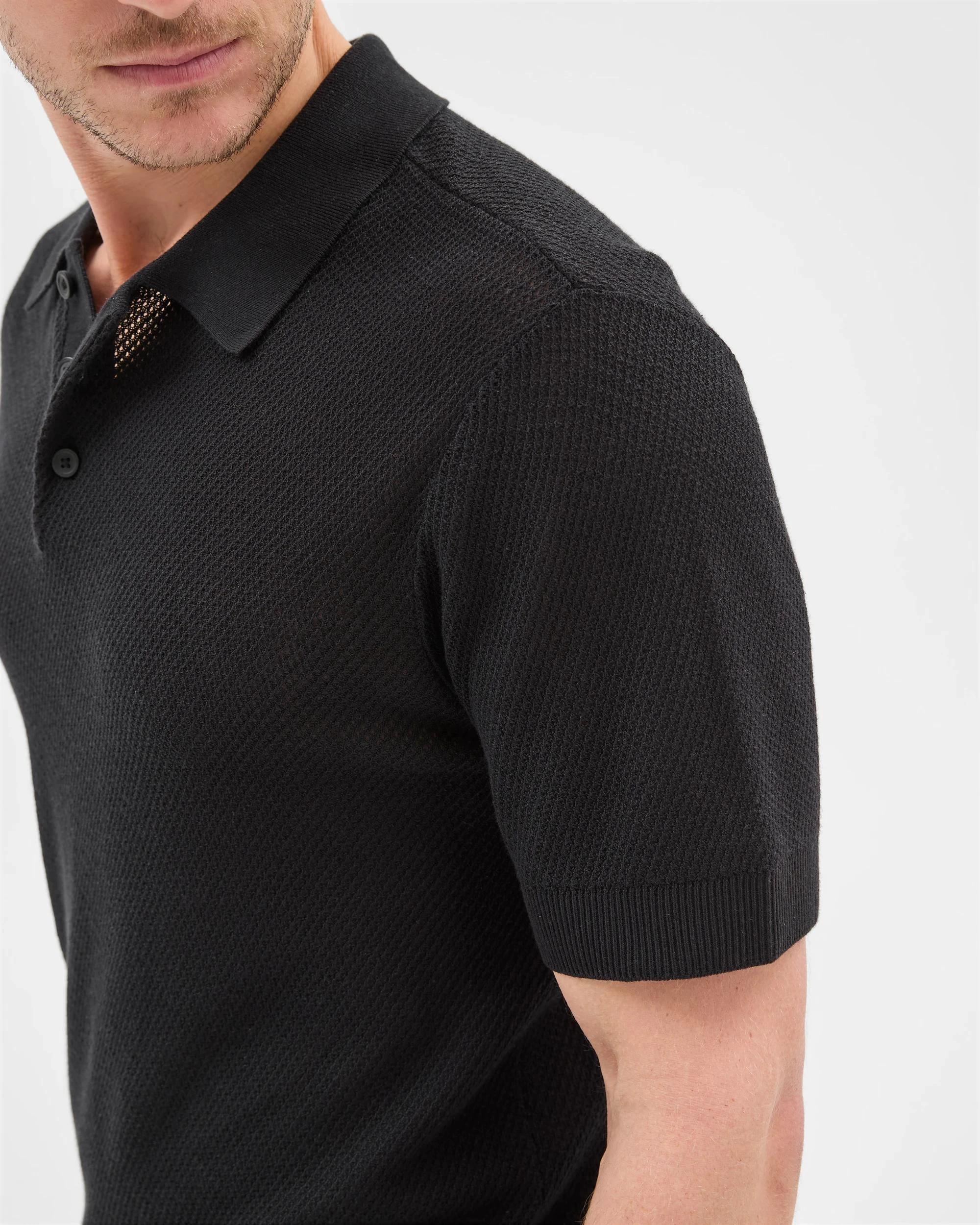5 Australian Cotton Blend Knit Polo Top - Preview BLACK, 5 of 6