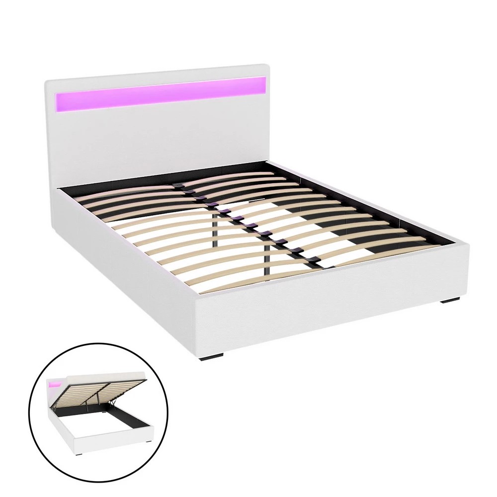 1 Artiss Bed Frame Queen Size LED Gas Lift  COLE - White, 1 of 10