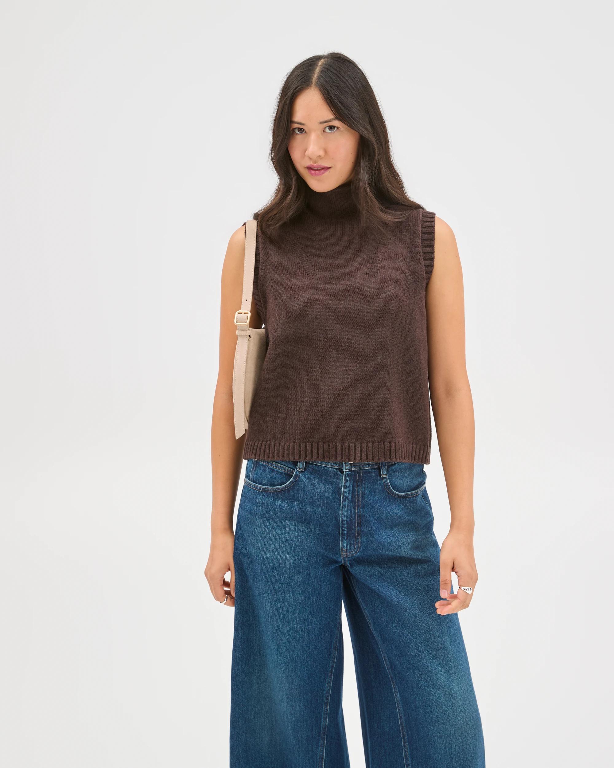 1 Target Woman Australian Cotton Blend High Neck Long Sleeveless Vest BRUNETTE, 1 of 8