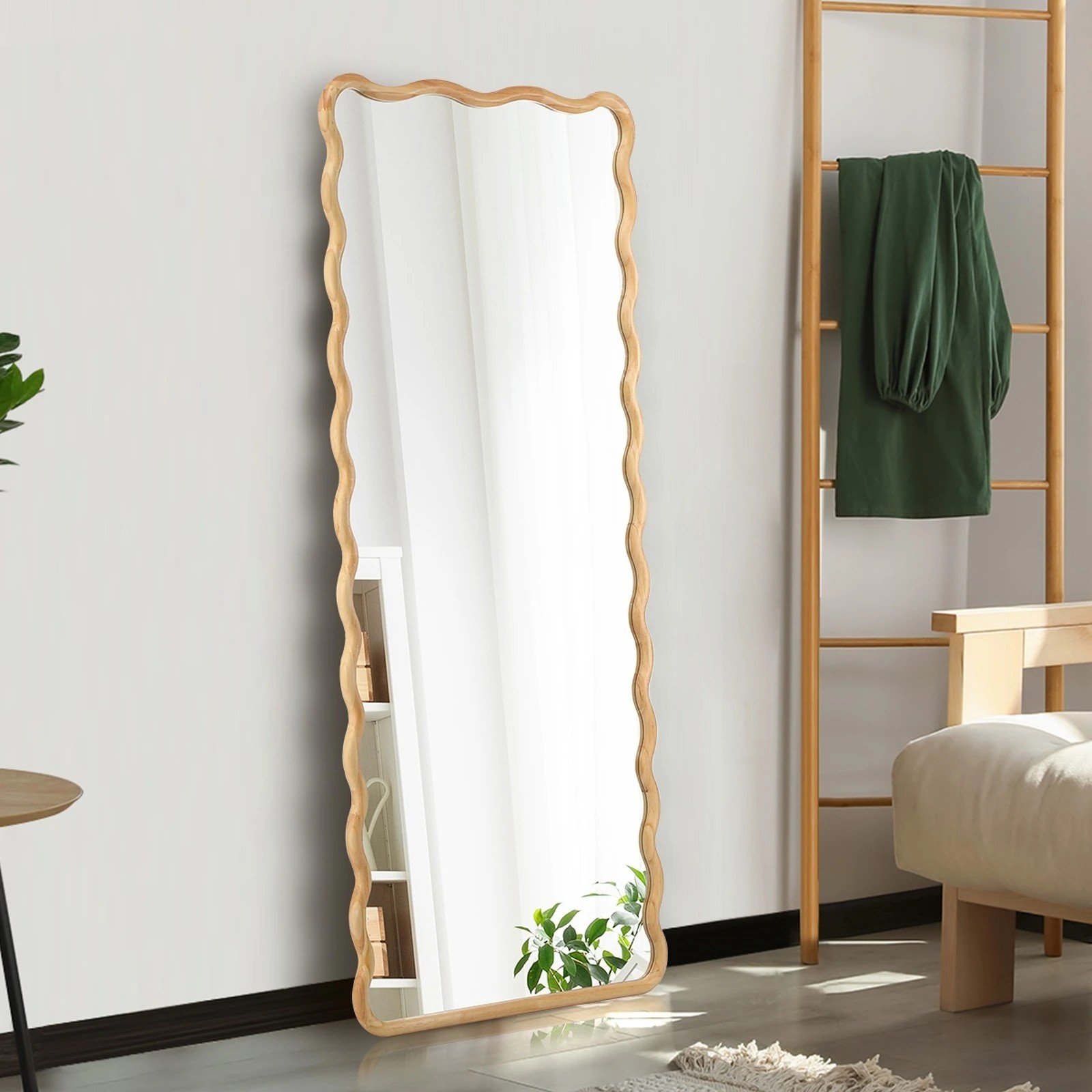 3 Oikiture Wooden Full Length Mirror 180x70cm Wavy Dressing Floor Mirrors
 - Natural, 3 of 9