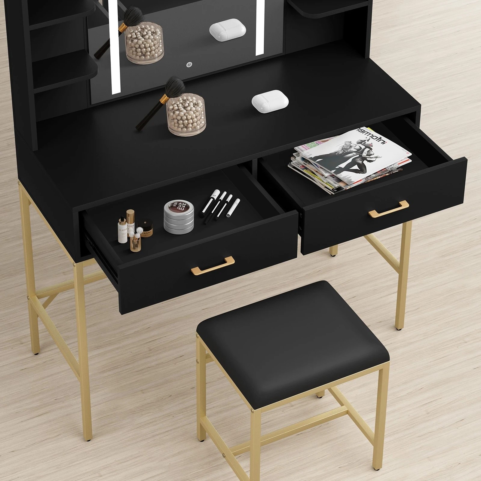 4 Alfordson Dressing Table Stool Set Makeup Mirror LED Vanity Desk Metal - Black, 4 of 10