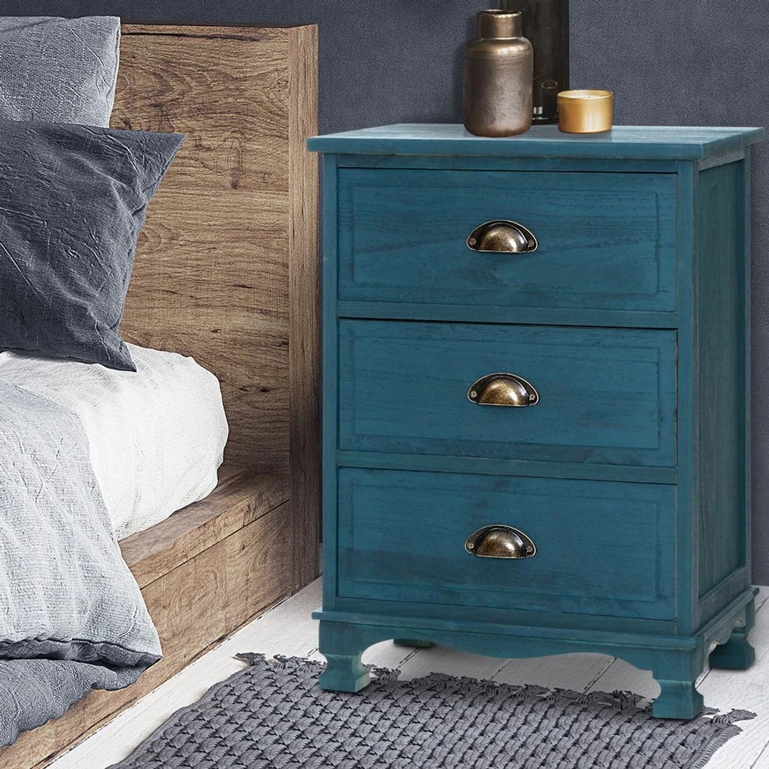 3 Artiss Bedside Table 3 Drawers Vintage - Blue, 3 of 7