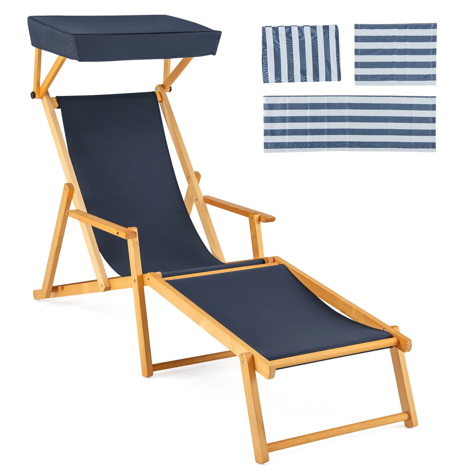 1 Costway Birch Wood Chaise Lounge Chair w/Adjustable Canopy Reclining Backrest - Blue, 1 of 1