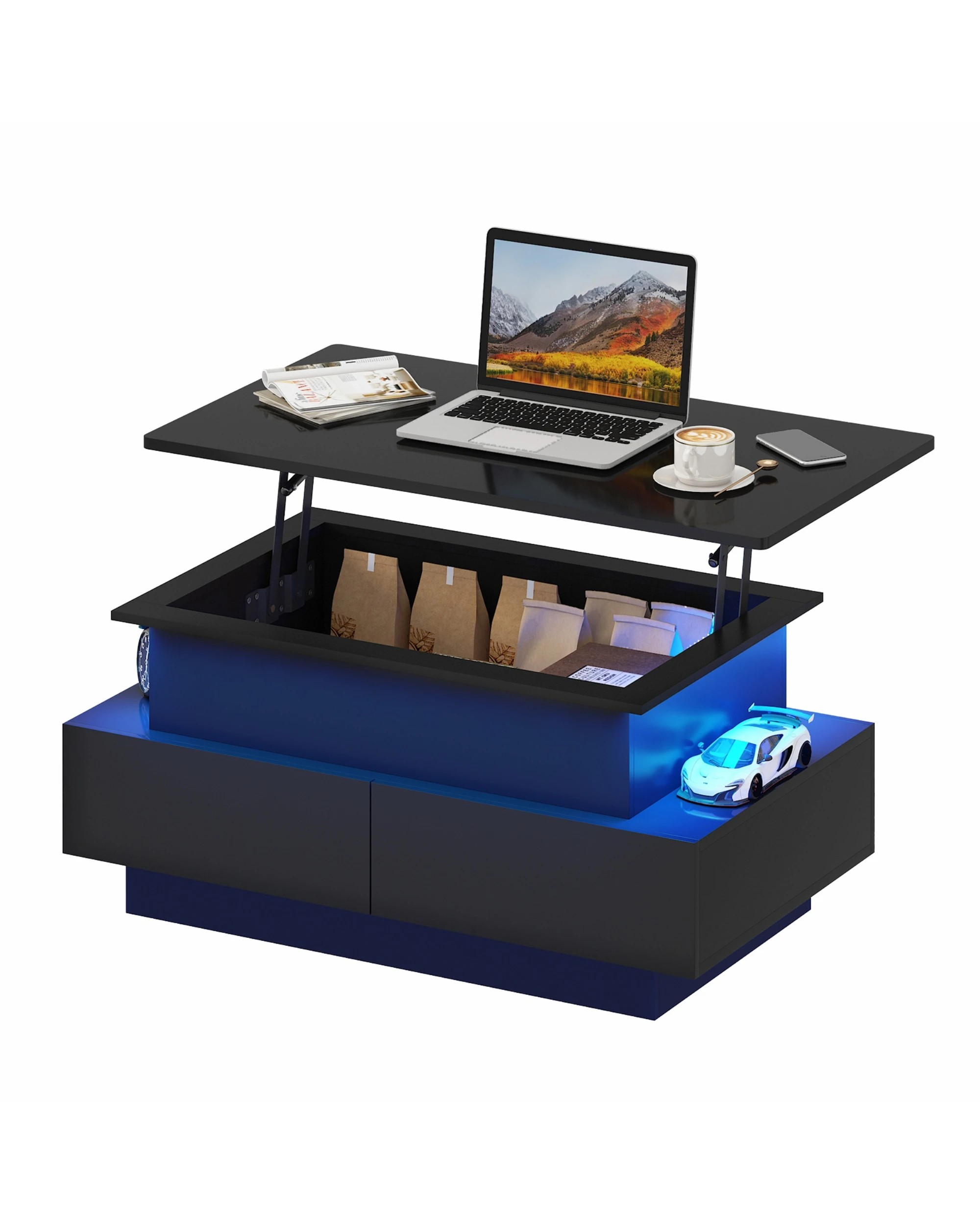 4 Advwin Lift Top Coffee Table w/ LED Lights Hidden Compartment & 4 Drawers High Gloss Central Table w/ Lift Tabletop, 4 of 9