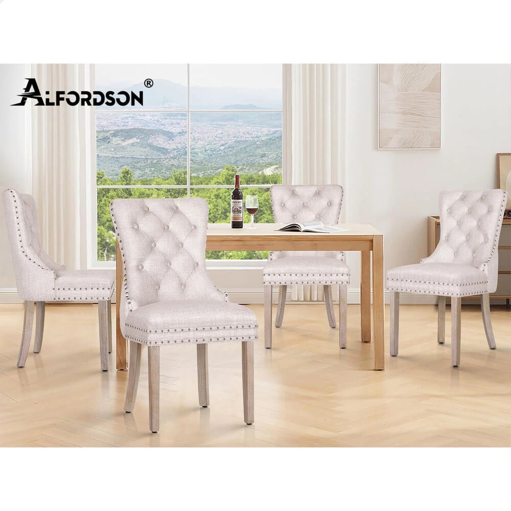 10 Alfordson 2x Dining Chair Kitchen Lounge Retro Button Tufted Wooden Fabric - Beige, 10 of 10
