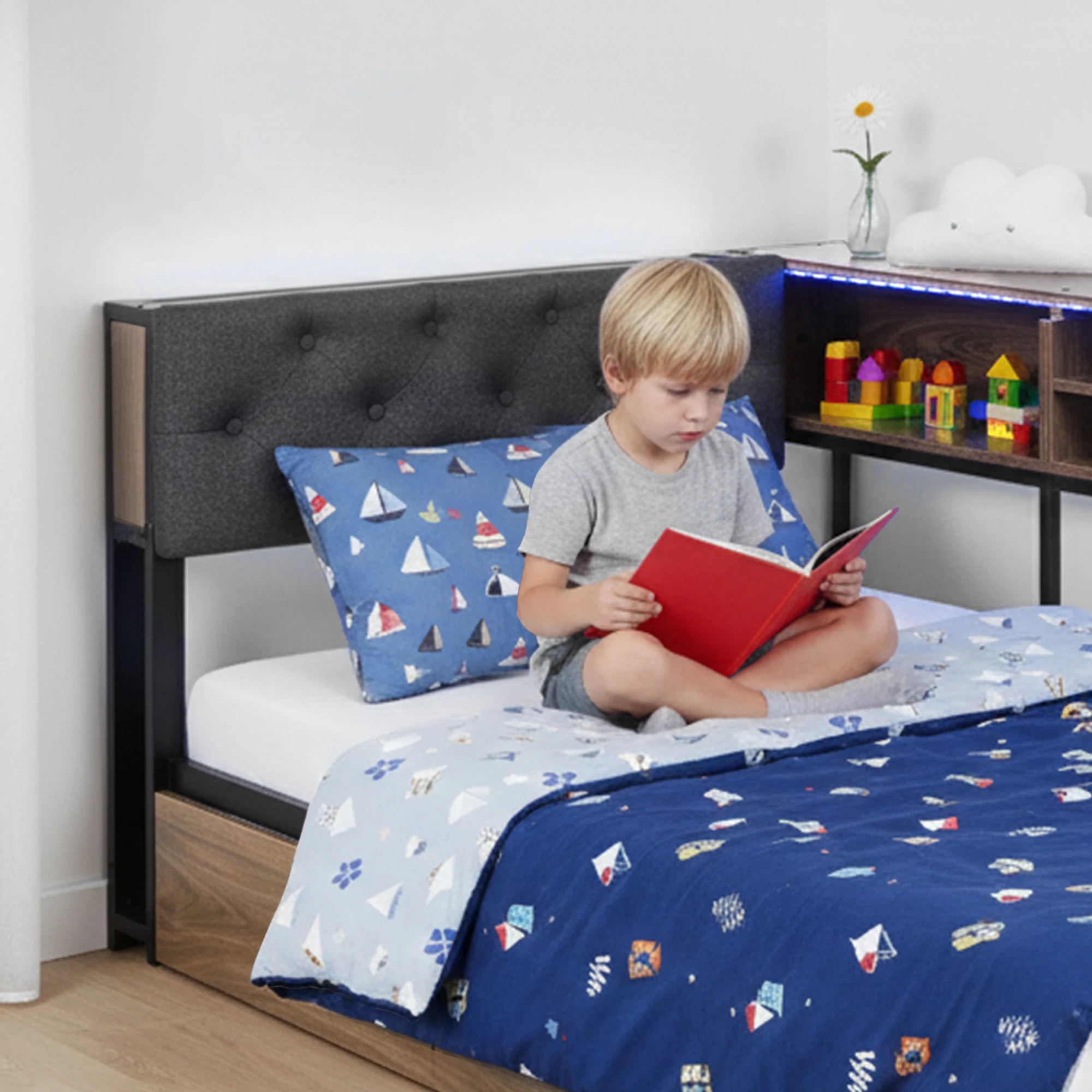 7 Artiss Bed Frame Single Size with 2 Drawers and Charging Station Metal Corner - Multi, 7 of 9