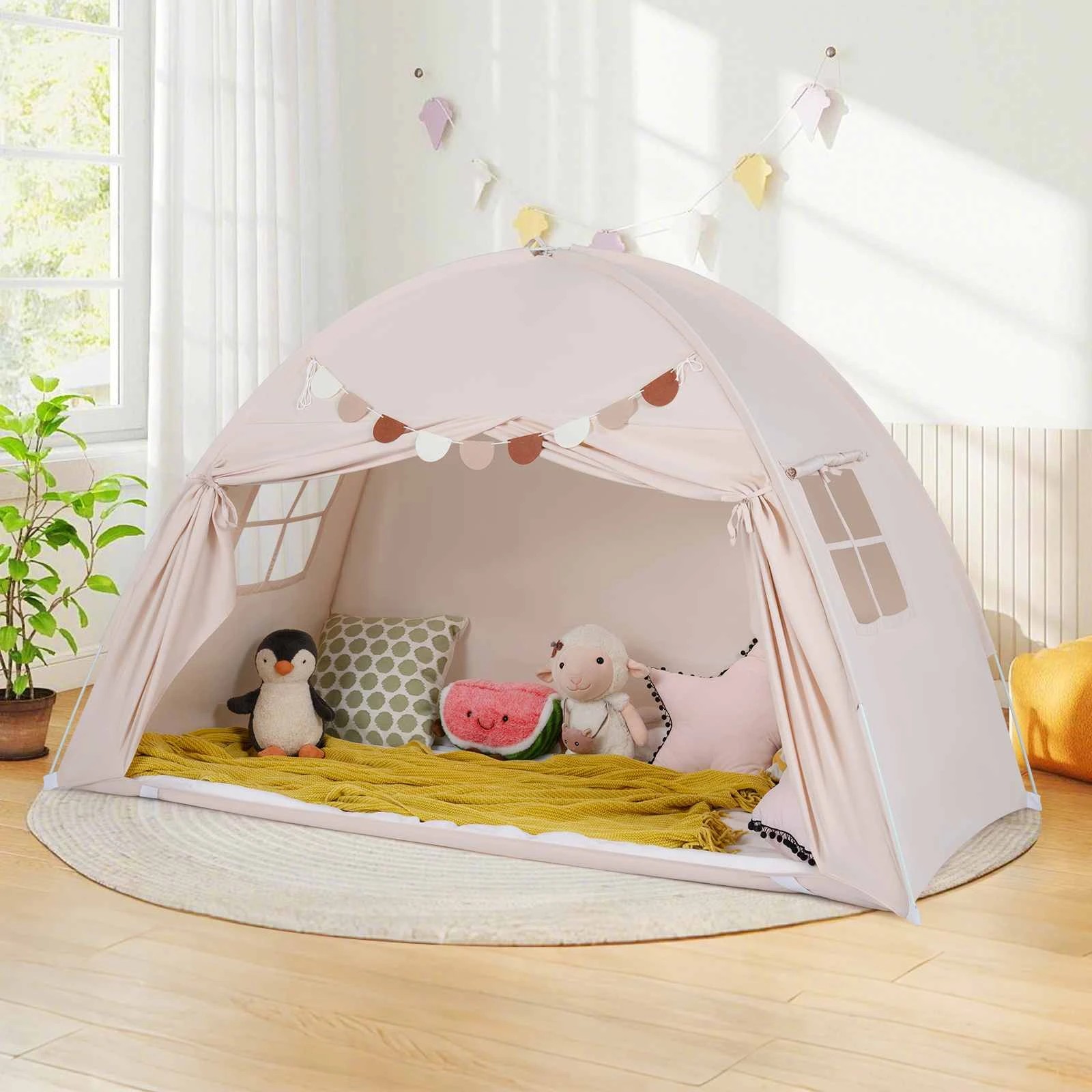 2 Costway Foldable Play Tent Castle Playhouse Fairy Tent w/Flags - Beige, 2 of 2