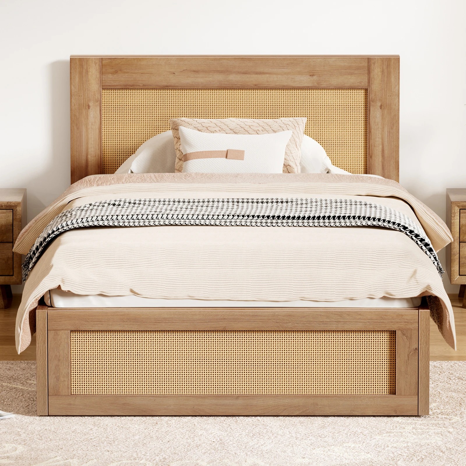 4 Alfordson Wooden Bed Frame Single Size Rattan Bed Base with Storage Drawer - Oak, 4 of 10