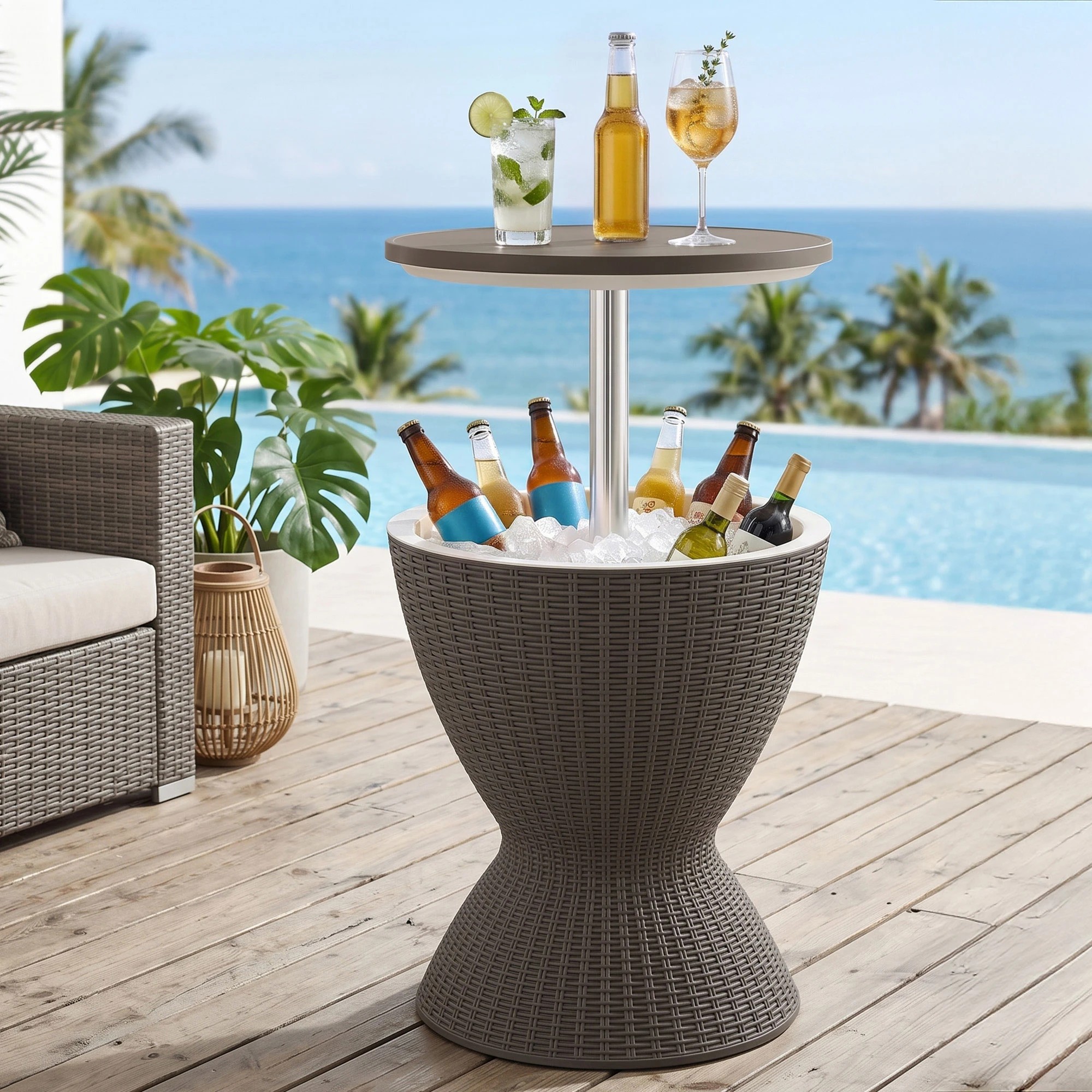 3 Gardeon 2-in-1 Outdoor Bar Table Portable Ice Bucket Cooler 30L Adjustable Top - Brown, 3 of 10
