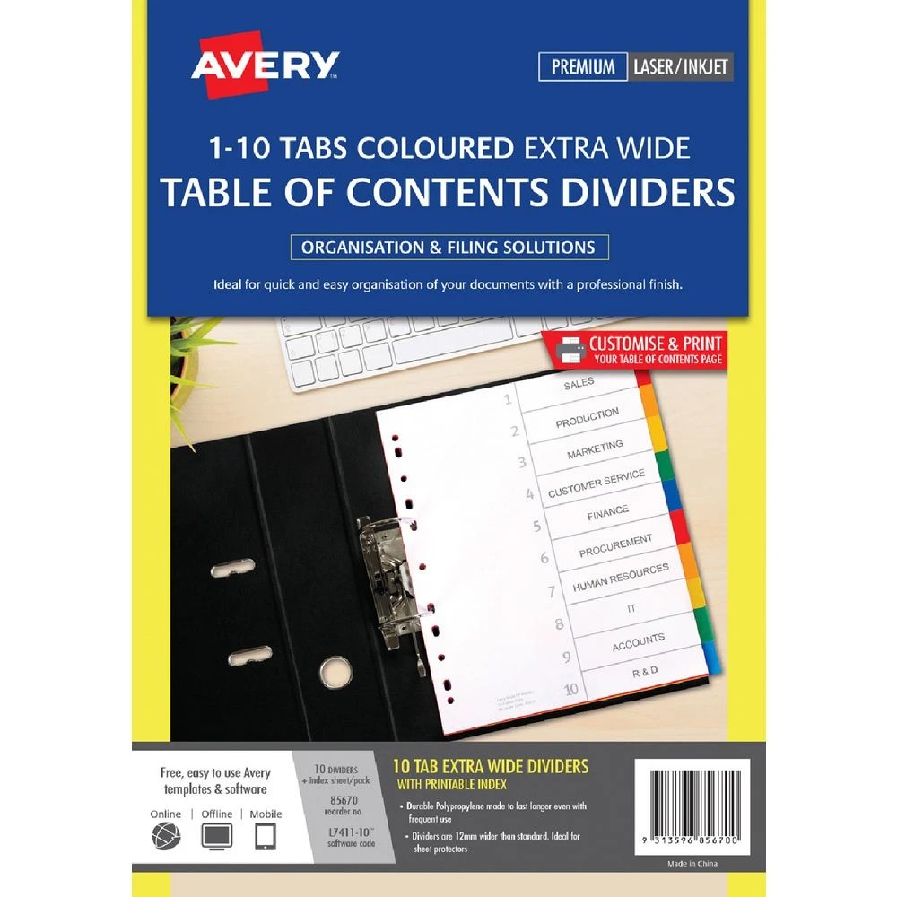 1 Avery Coloured A4 Dividers 10 Tab Extra Wide, 1 of 1